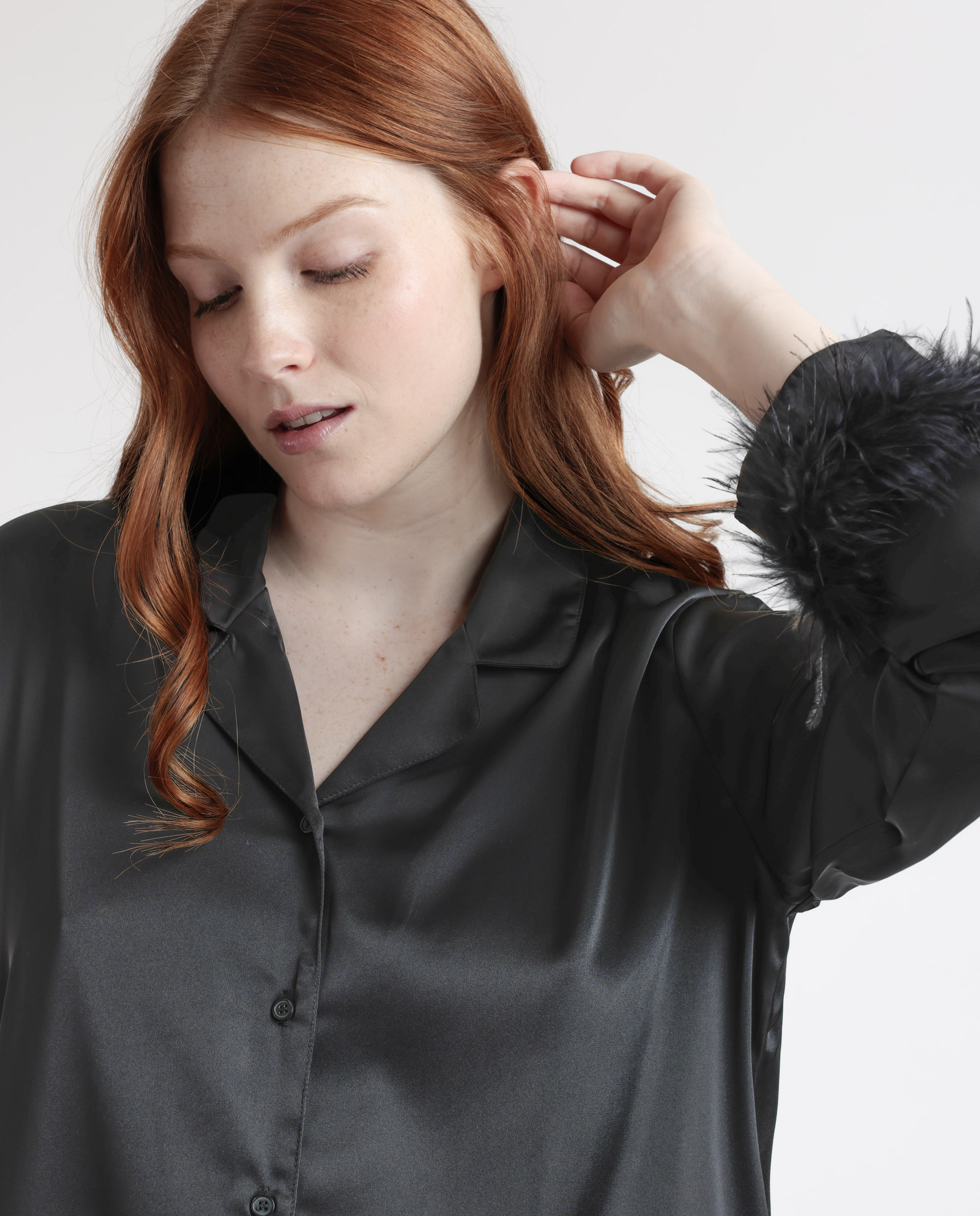 Pijama largo abierto de mujer de tela satén - Admas - Negro Negro-4