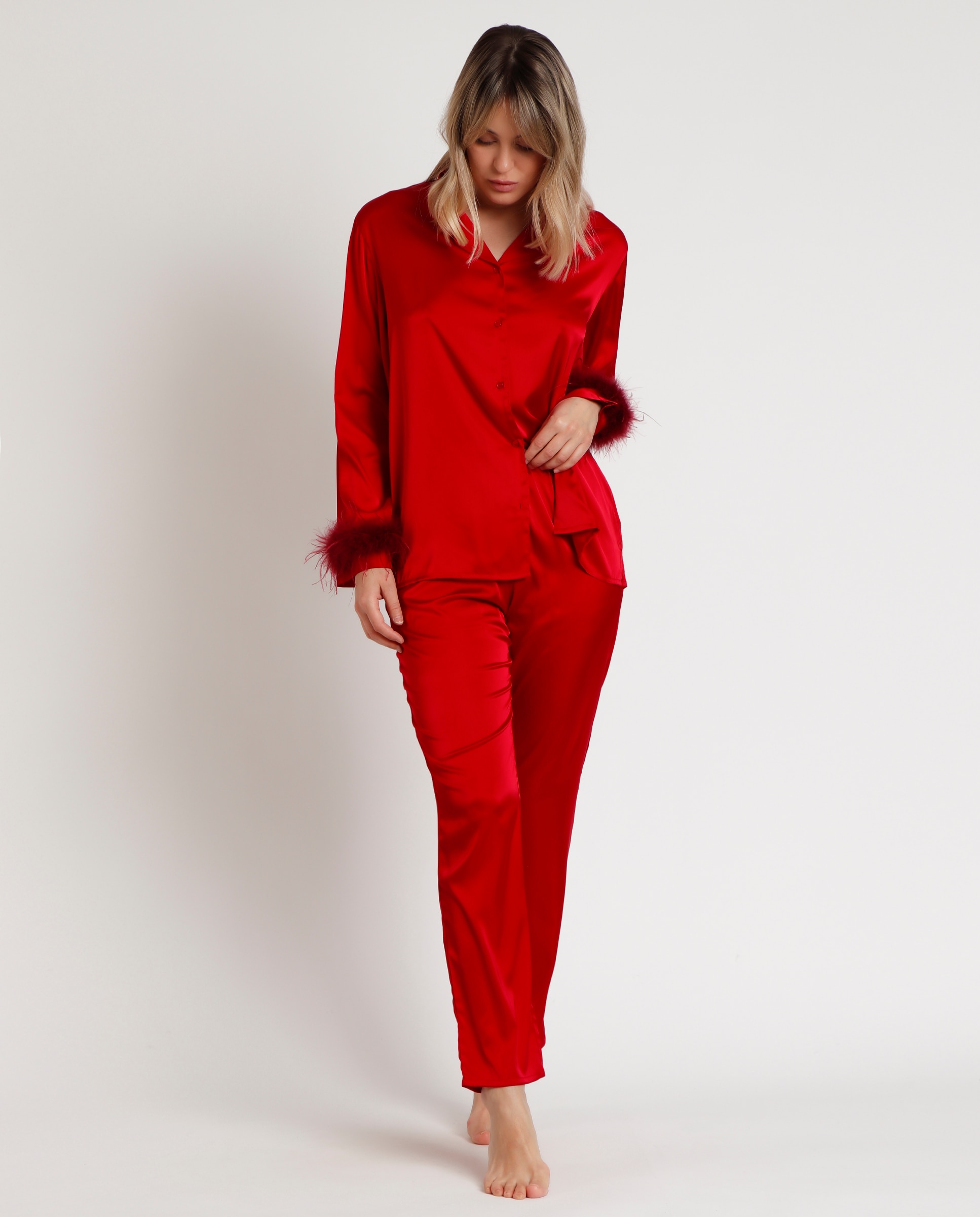 Pijama largo abierto de mujer de tela satén - Admas - Rojo Rojo-1
