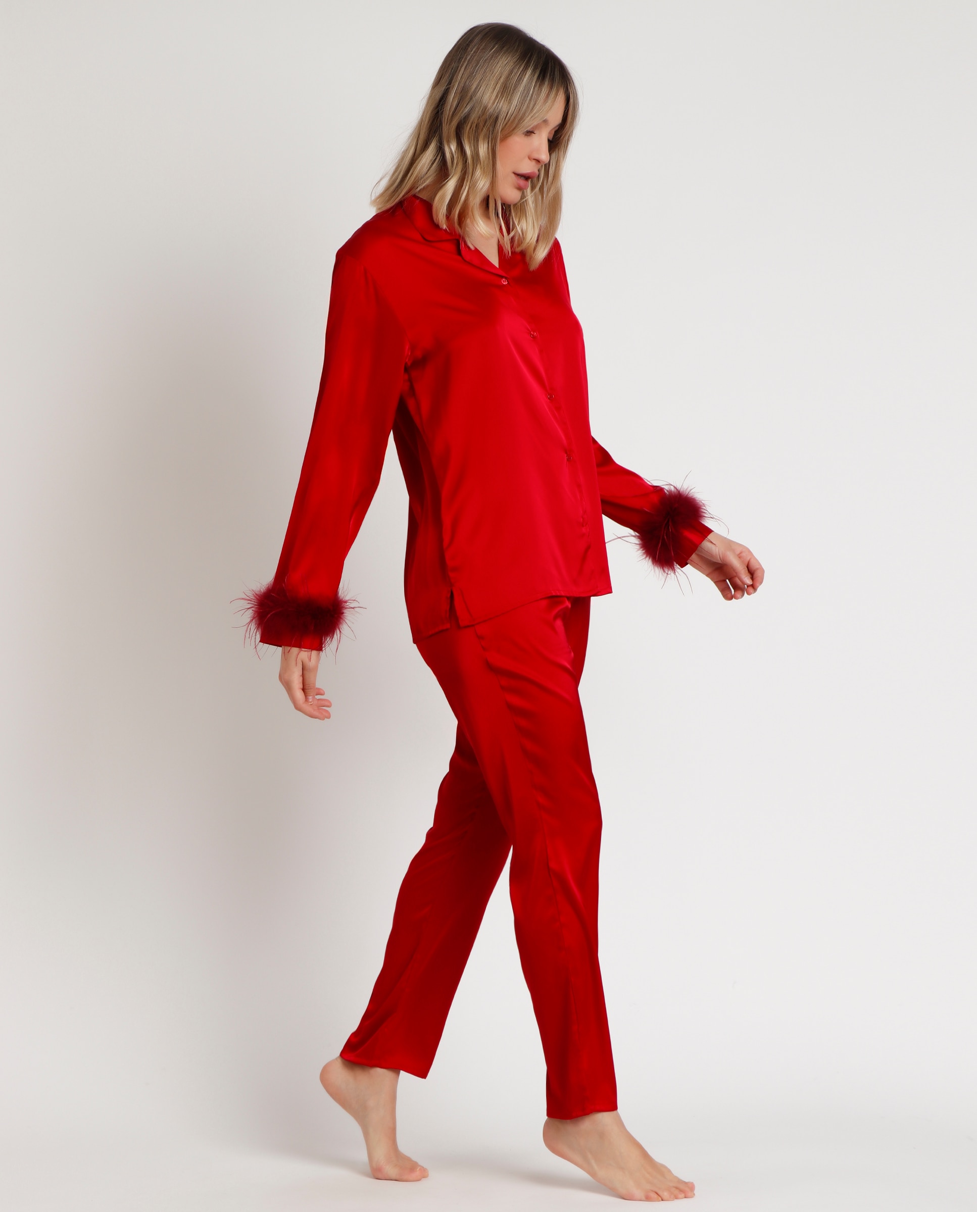 Pijama largo abierto de mujer de tela satén - Admas - Rojo Rojo-2
