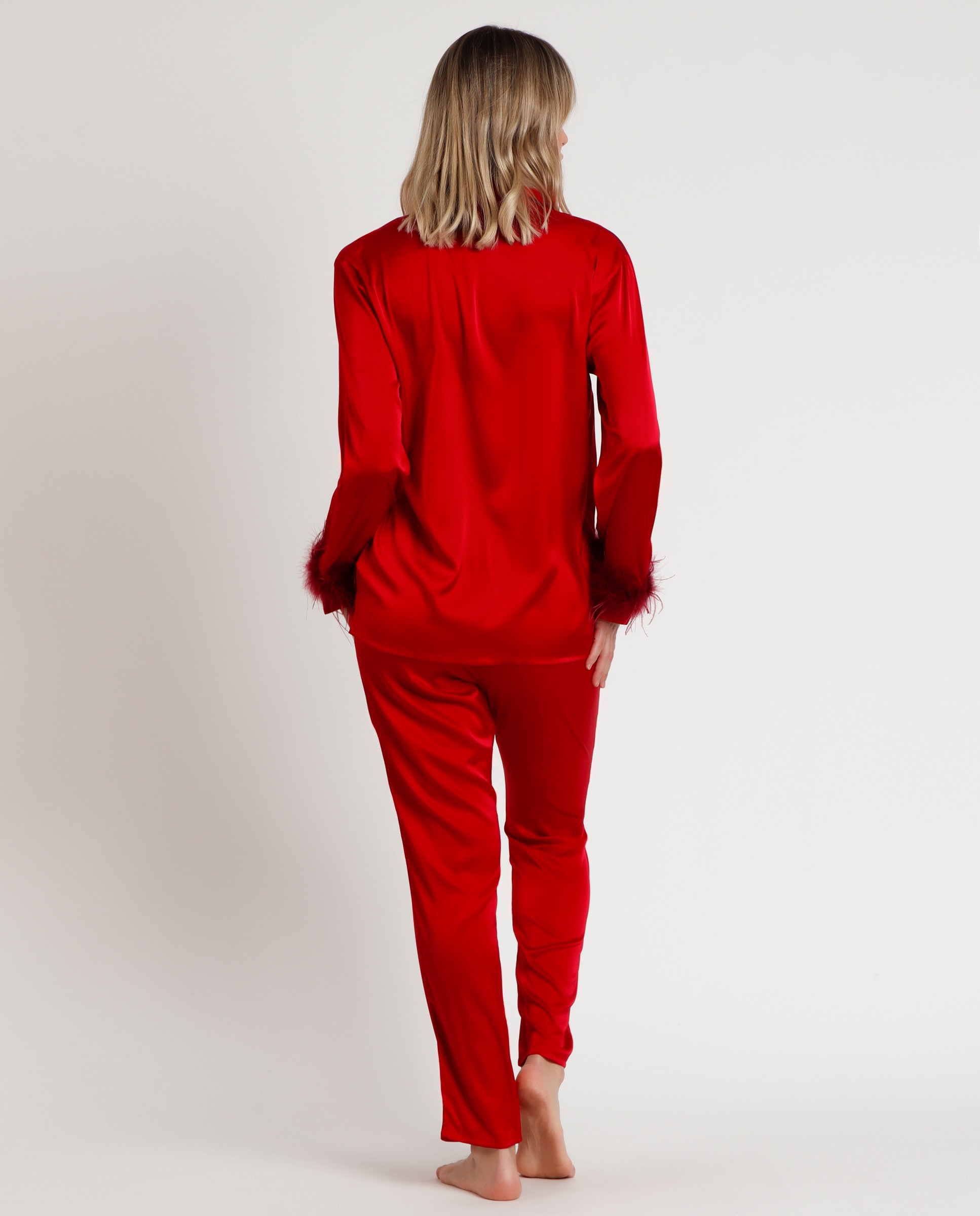 Pijama largo abierto de mujer de tela satén - Admas - Rojo Rojo-3