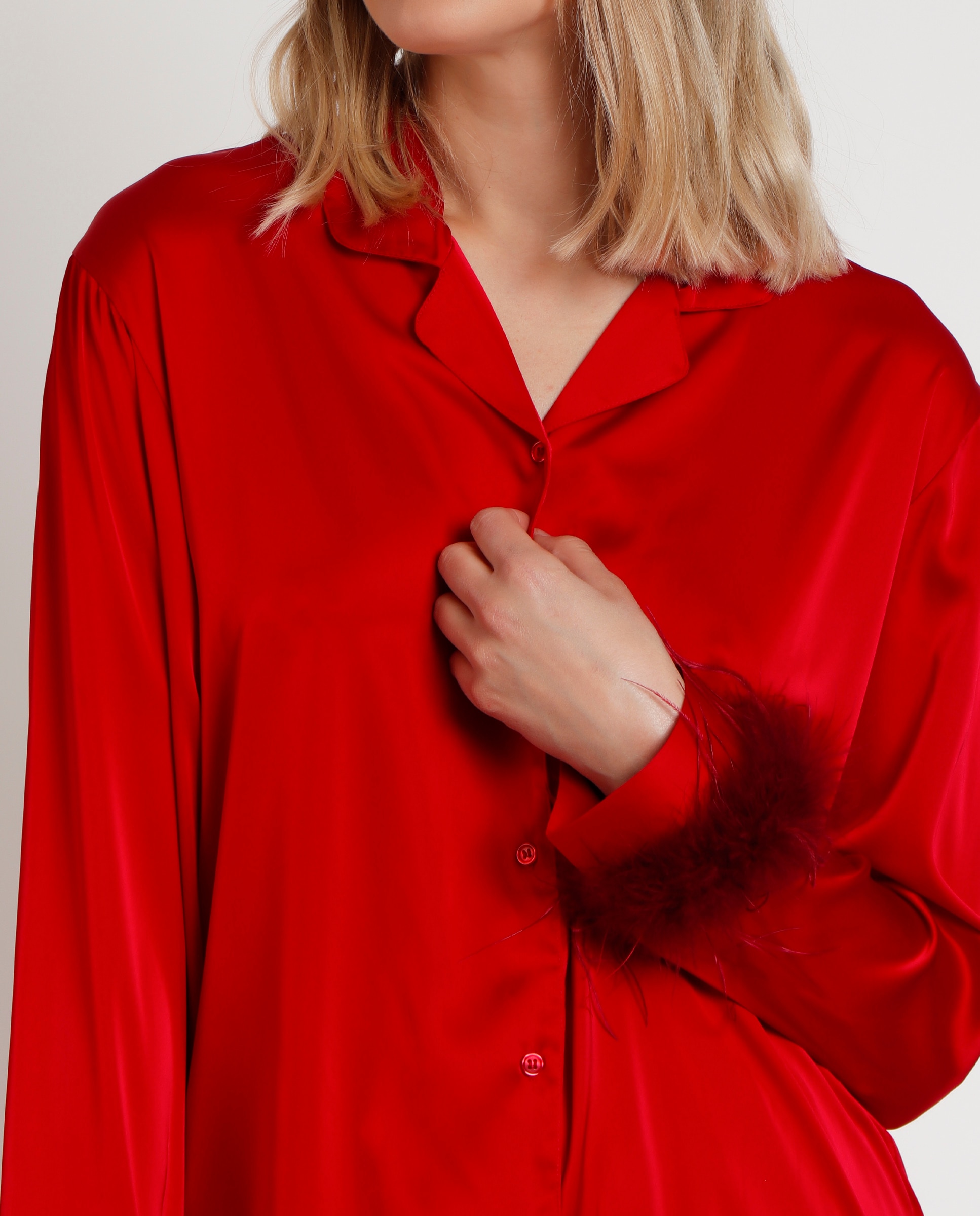 Pijama largo abierto de mujer de tela satén - Admas - Rojo Rojo-4