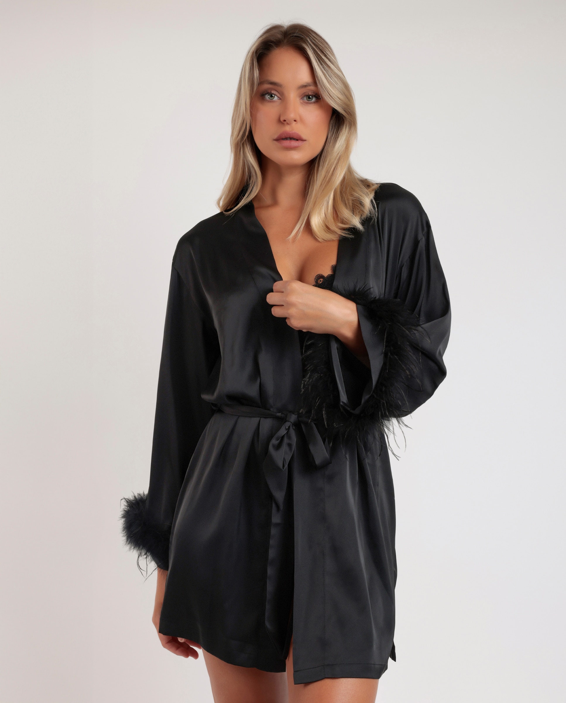Bata de mujer de tela satén de manga larga - Admas - Negro Negro-1