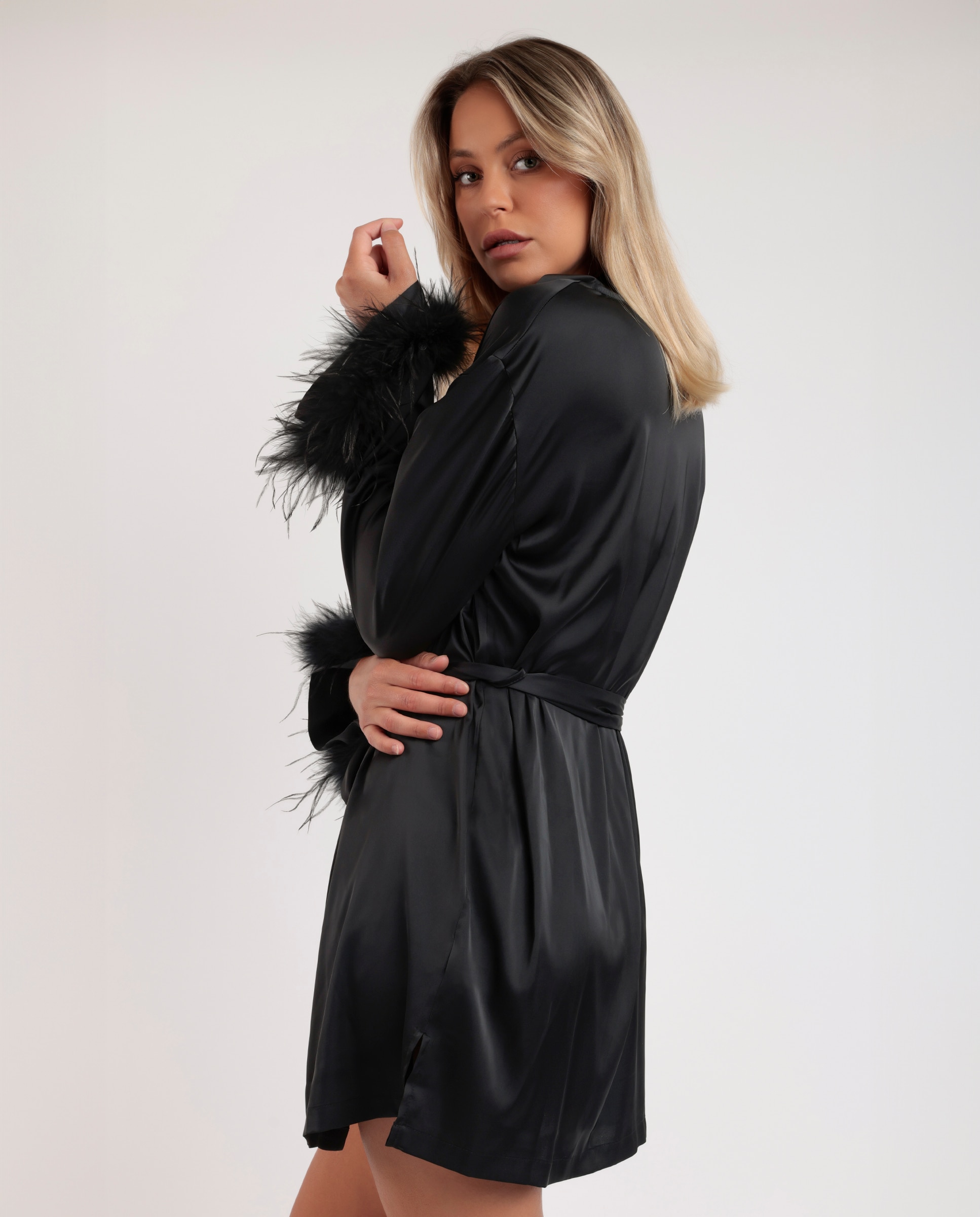 Bata de mujer de tela satén de manga larga - Admas - Negro Negro-3