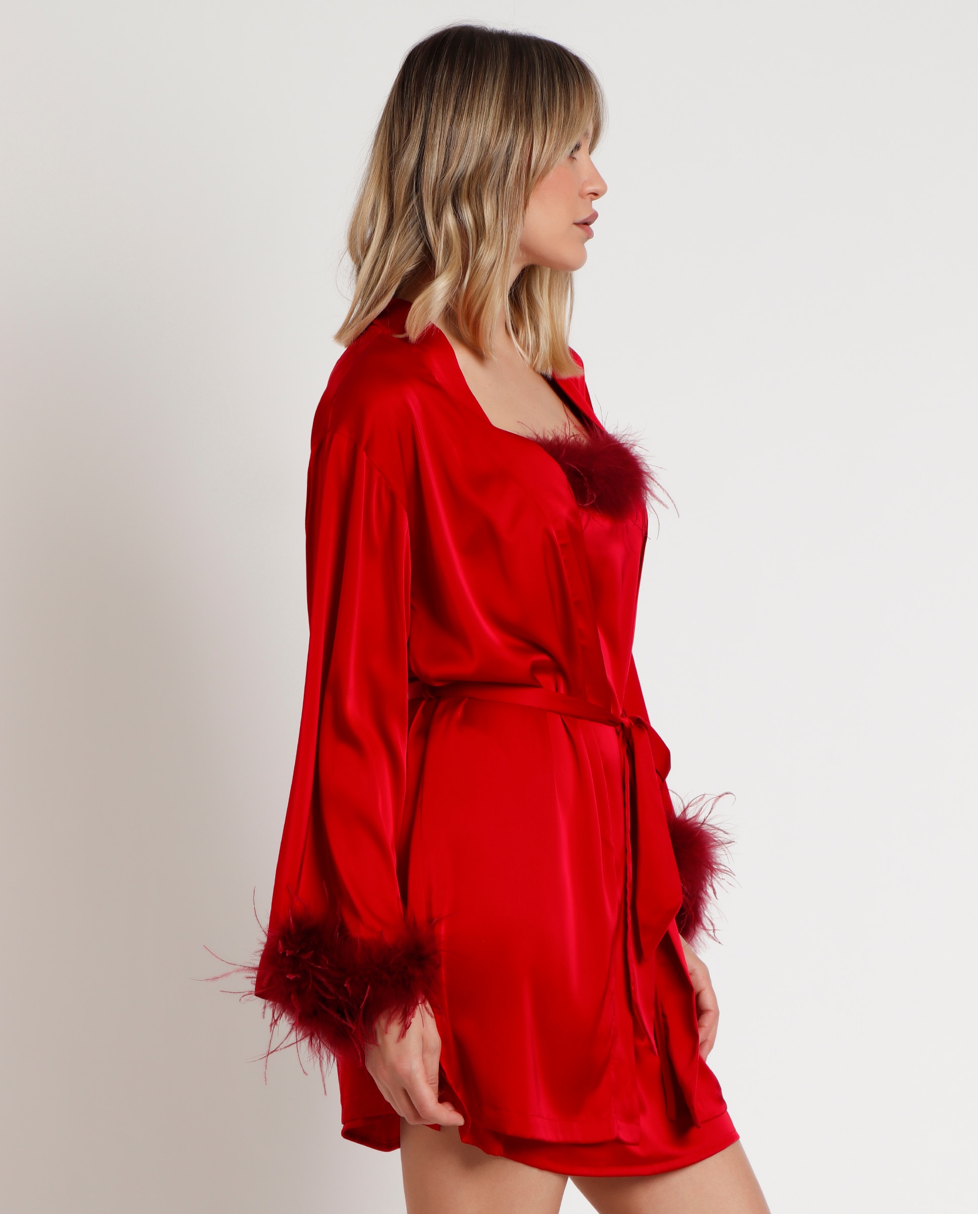 Bata de mujer de tela satén de manga larga - Admas - Rojo Rojo-2