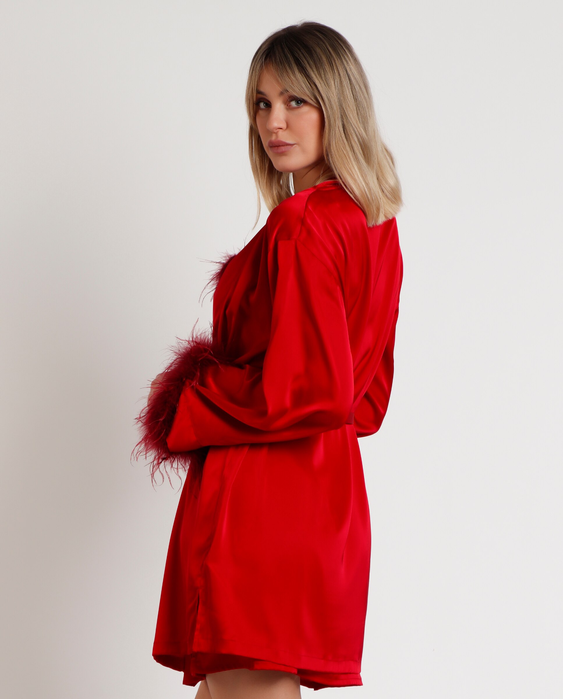Bata de mujer de tela satén de manga larga - Admas - Rojo Rojo-3