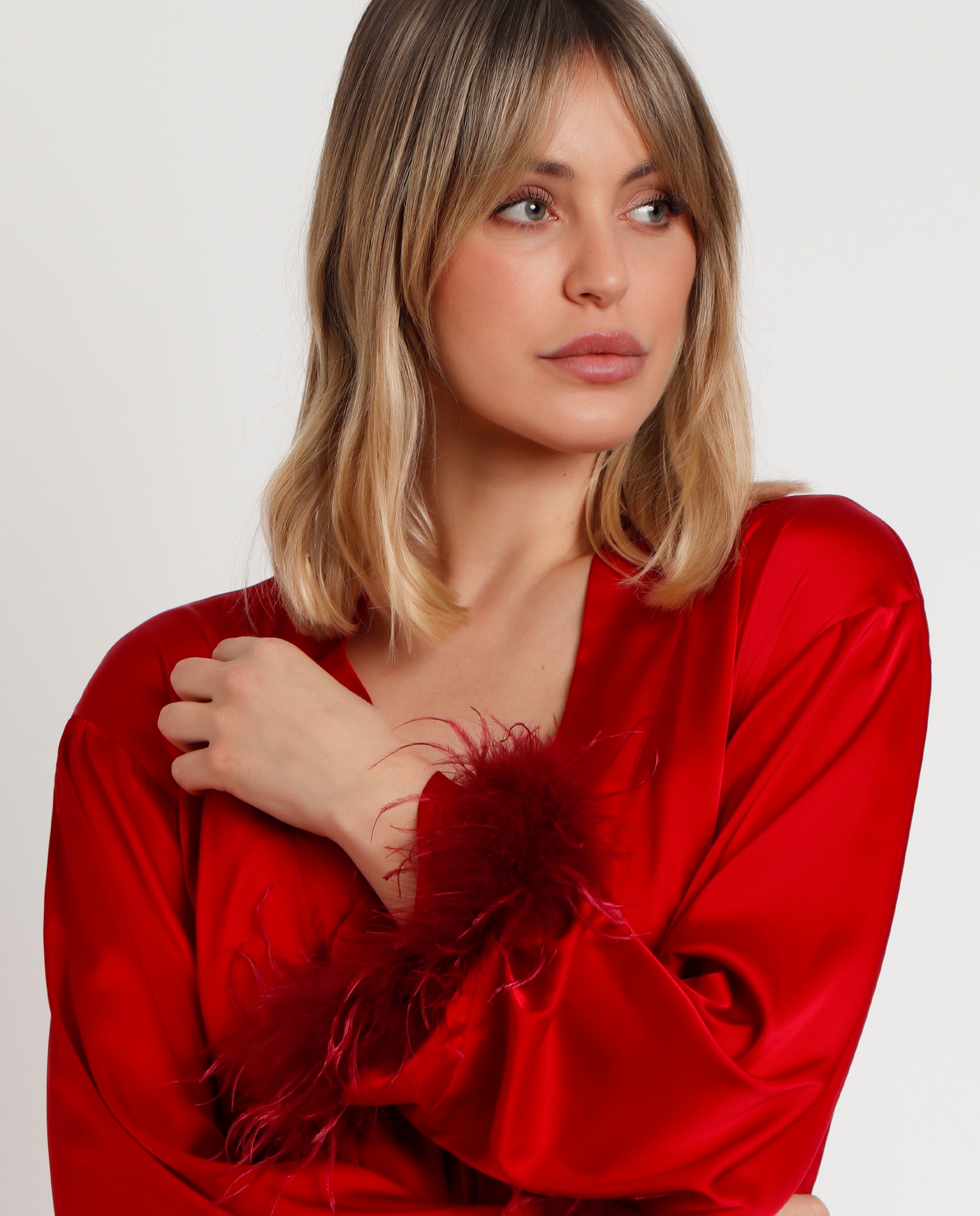 Bata de mujer de tela satén de manga larga - Admas - Rojo Rojo-4