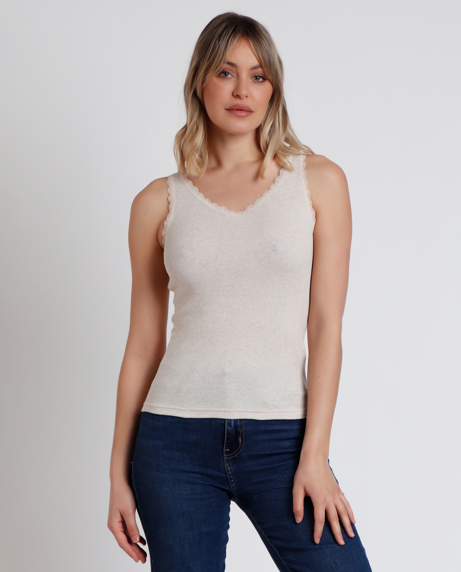 Camiseta interior de mujer sin mangas de punto canalé - Admas - Beige Beige-1