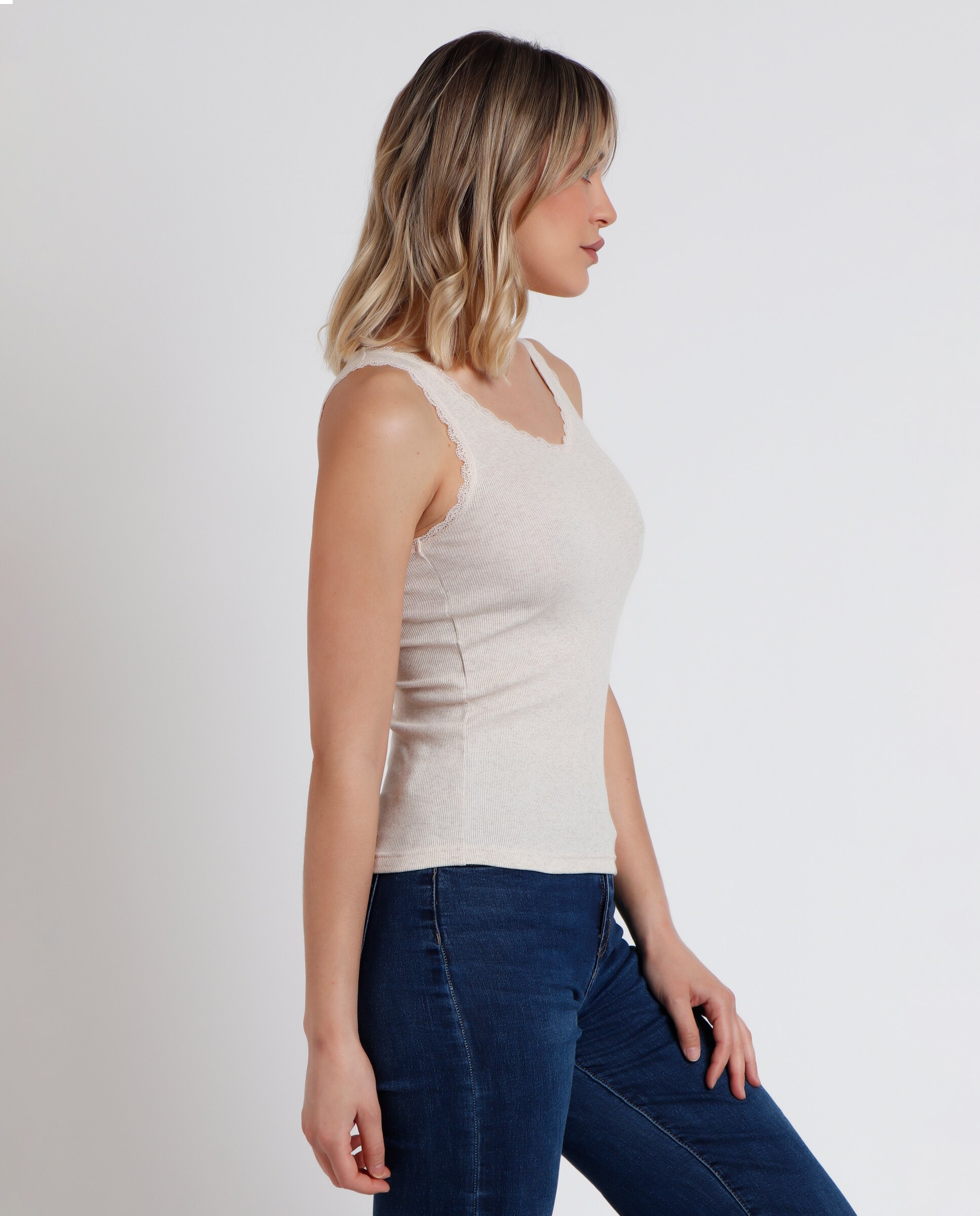Camiseta interior de mujer sin mangas de punto canalé - Admas - Beige Beige-2