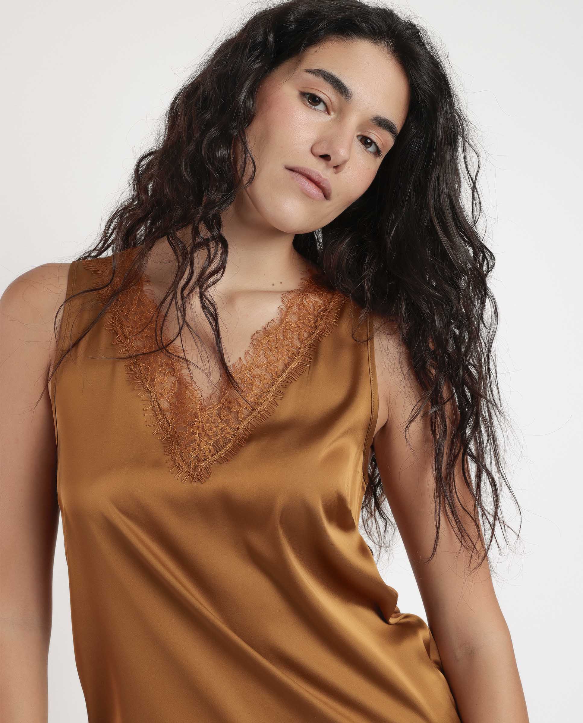 Camiseta interior de mujer sin mangas de punto - Admas - Crema Marrón-4