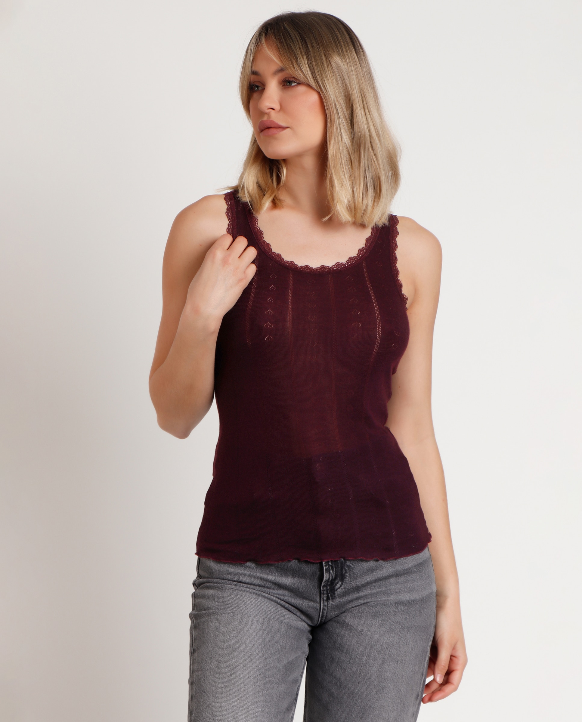 Camiseta interior de mujer de punto canalé con detalles de puntilla lencera - Admas - Beige Morado-1