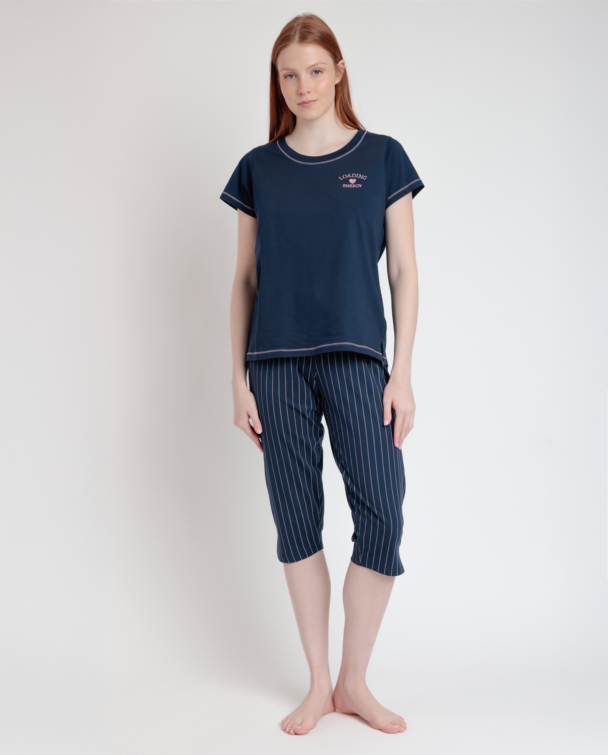 Imagen 0 de Pijama corto de mujer de punto de algodón con detalles bordados Azul marino