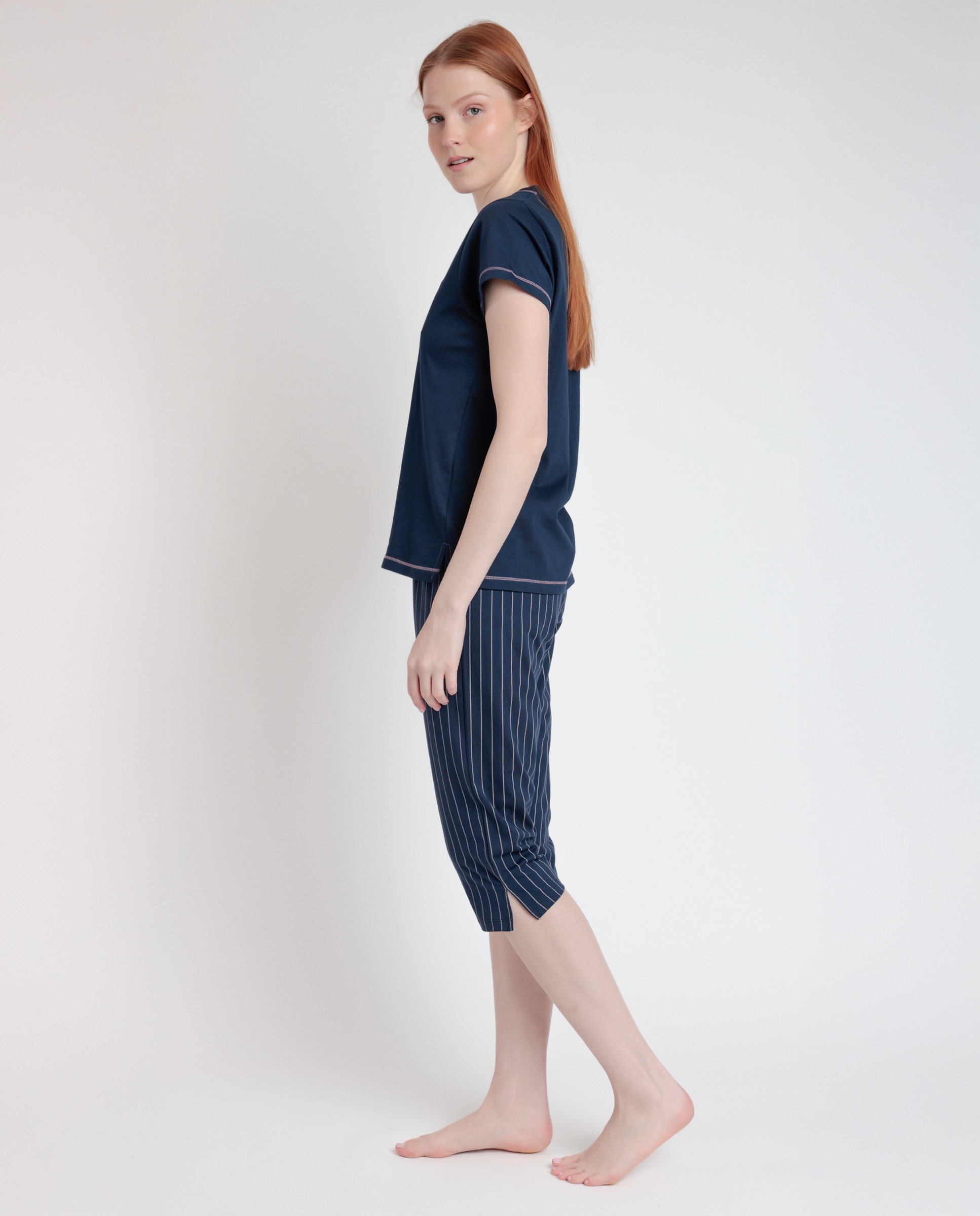 Pijama corto de mujer de punto de algodón con detalles bordados - Admas - Azul marino Azul marino-2