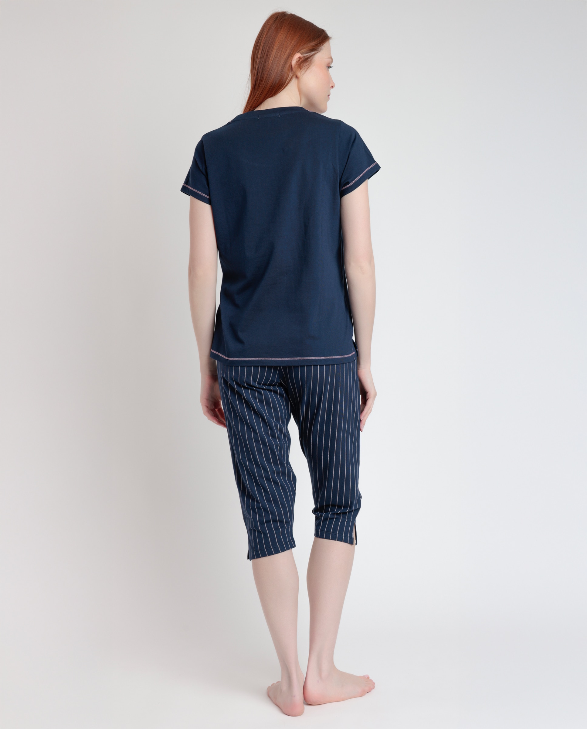 Pijama corto de mujer de punto de algodón con detalles bordados - Admas - Azul marino Azul marino-3
