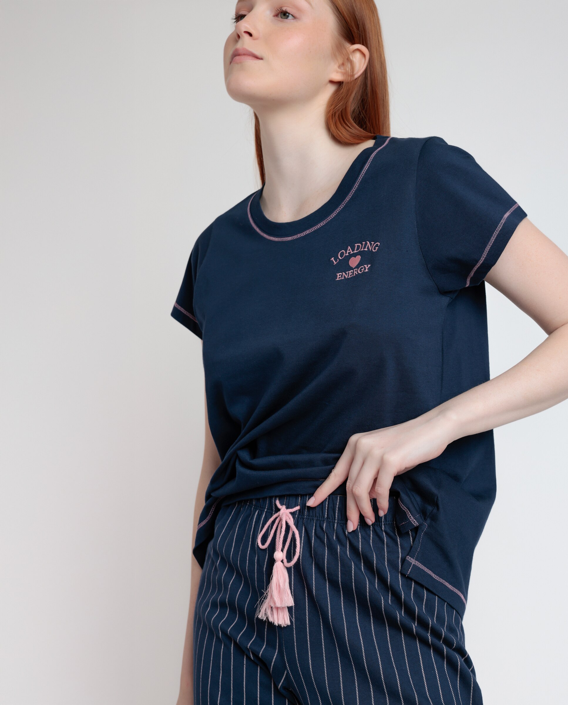Pijama corto de mujer de punto de algodón con detalles bordados - Admas - Azul marino Azul marino-4