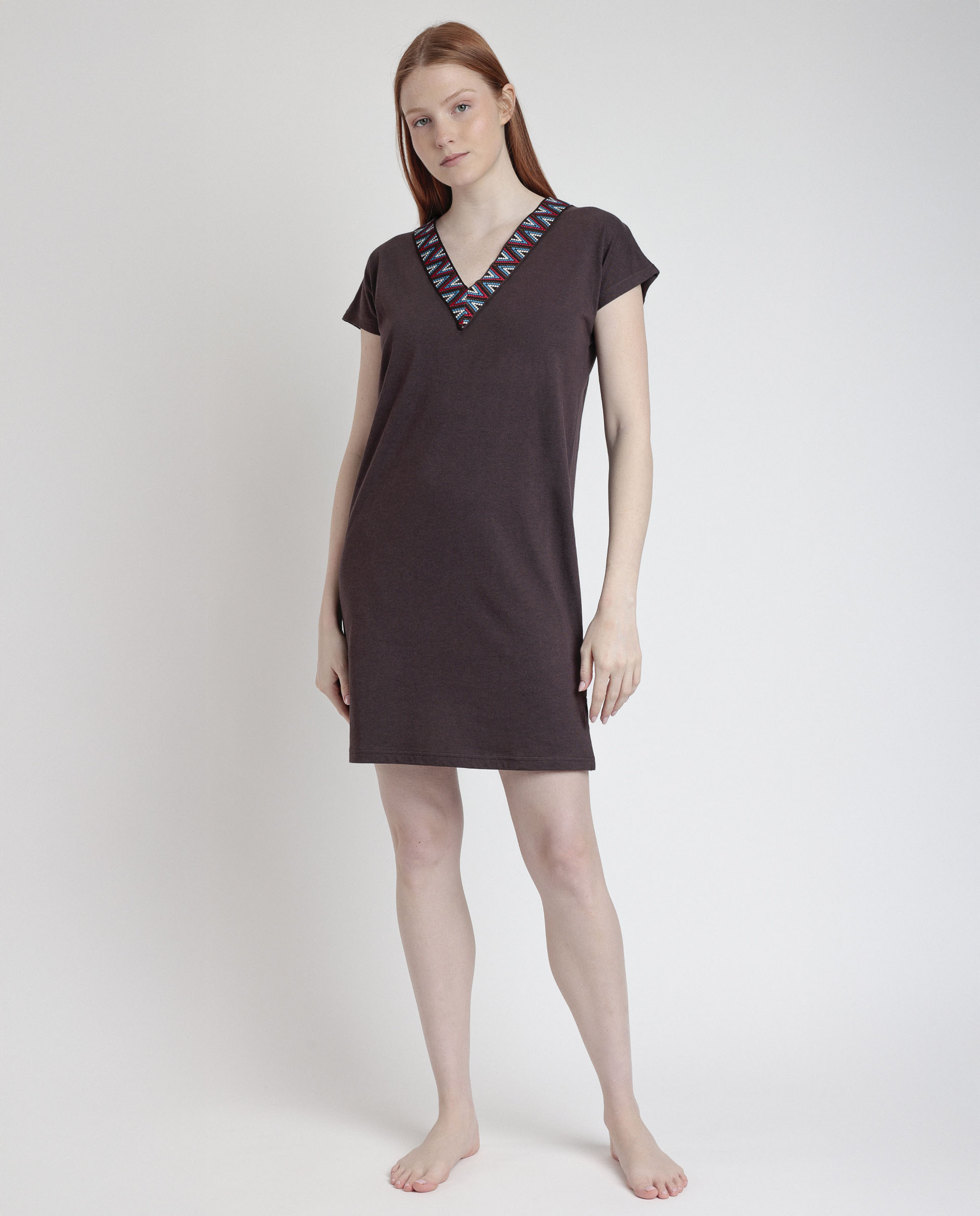 Vestido de manga corta de punto viscosa corto - Admas - Marrón Marrón-1