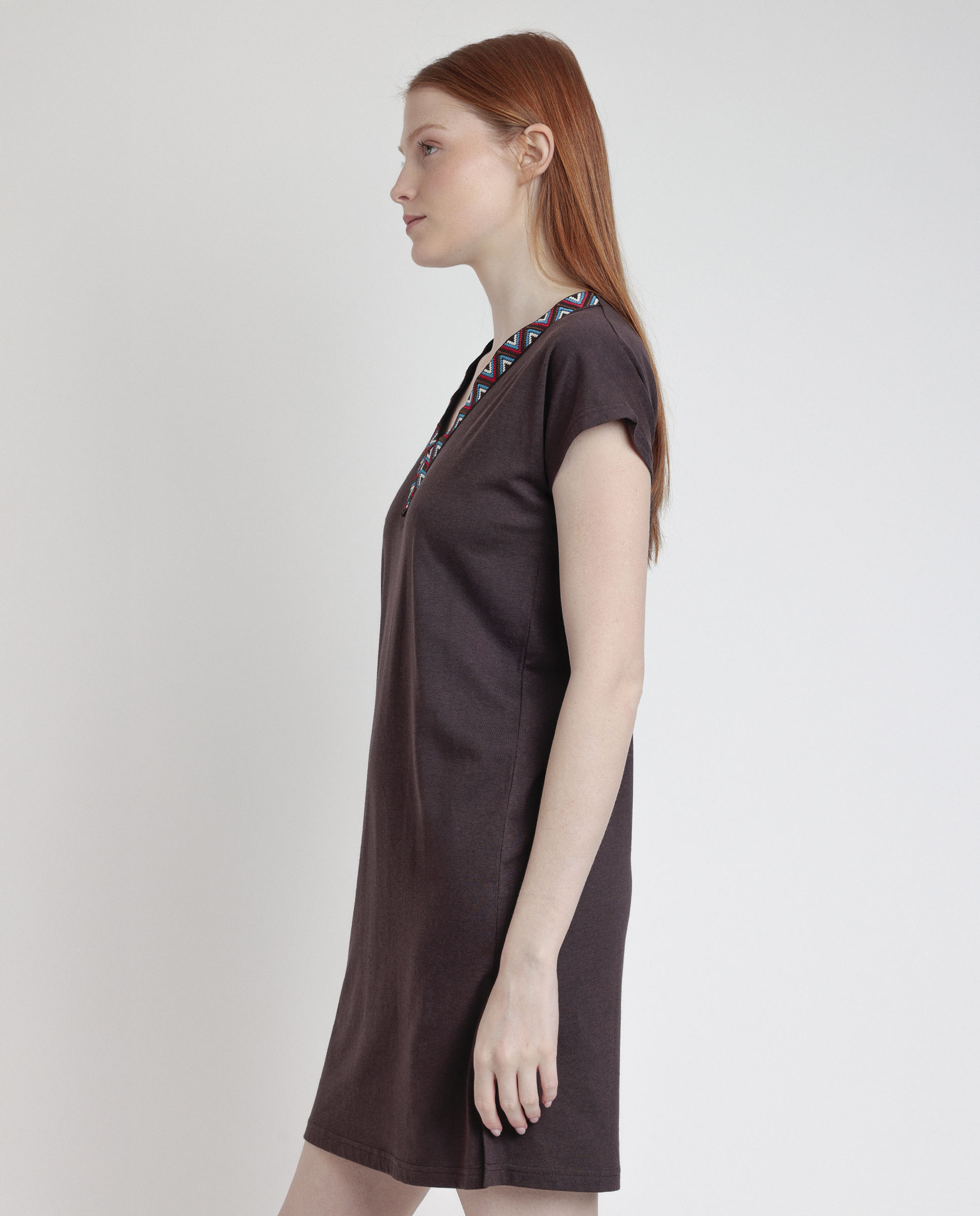 Vestido de manga corta de punto viscosa corto - Admas - Marrón Marrón-2