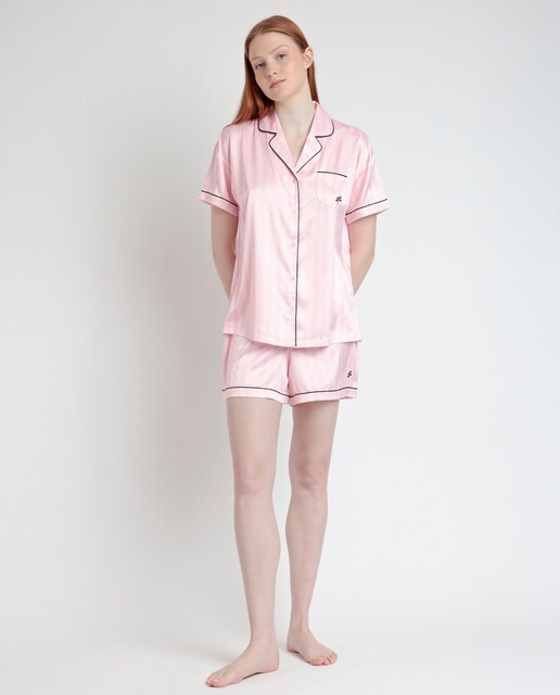 Imagen 0 de Pijama corto abierto de mujer satinado de rayas en color rosa