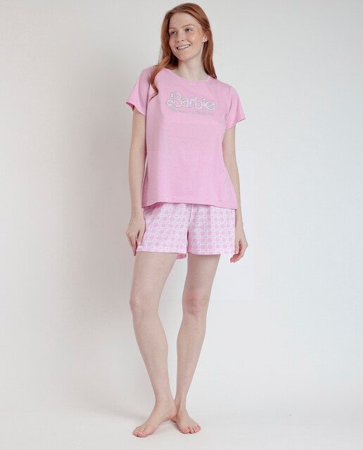 Imagen 0 de Pijama corto de mujer de punto estampado de cuadros en color rosa