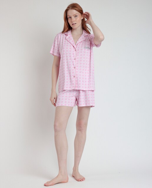 Imagen 0 de Pijama corto abierto de mujer de punto estampado de cuadros en color rosa