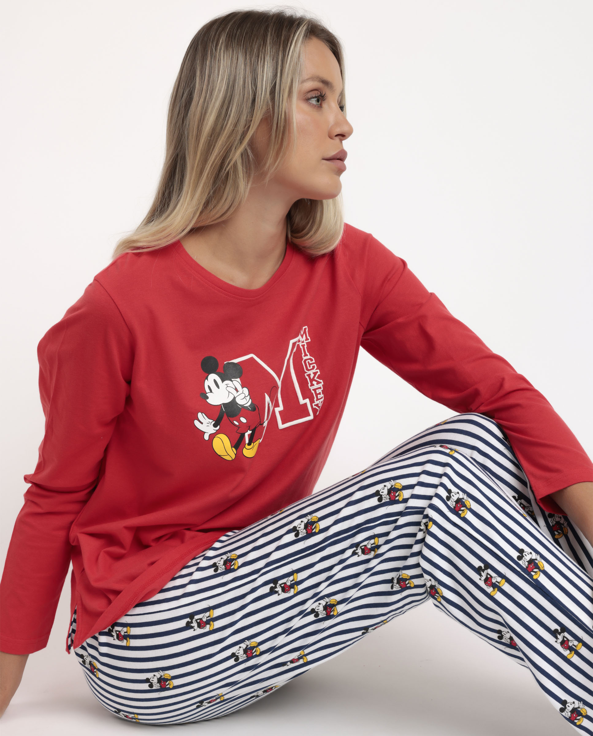Pijama largo de mujer de punto de algodón en color - Disney - Rojo Rojo-4