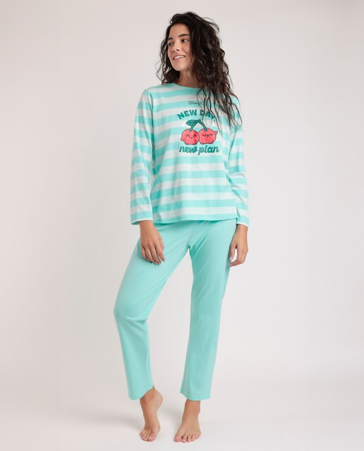 Imagen 0 de Pijama largo de mujer de punto de algodón de color verde agua
