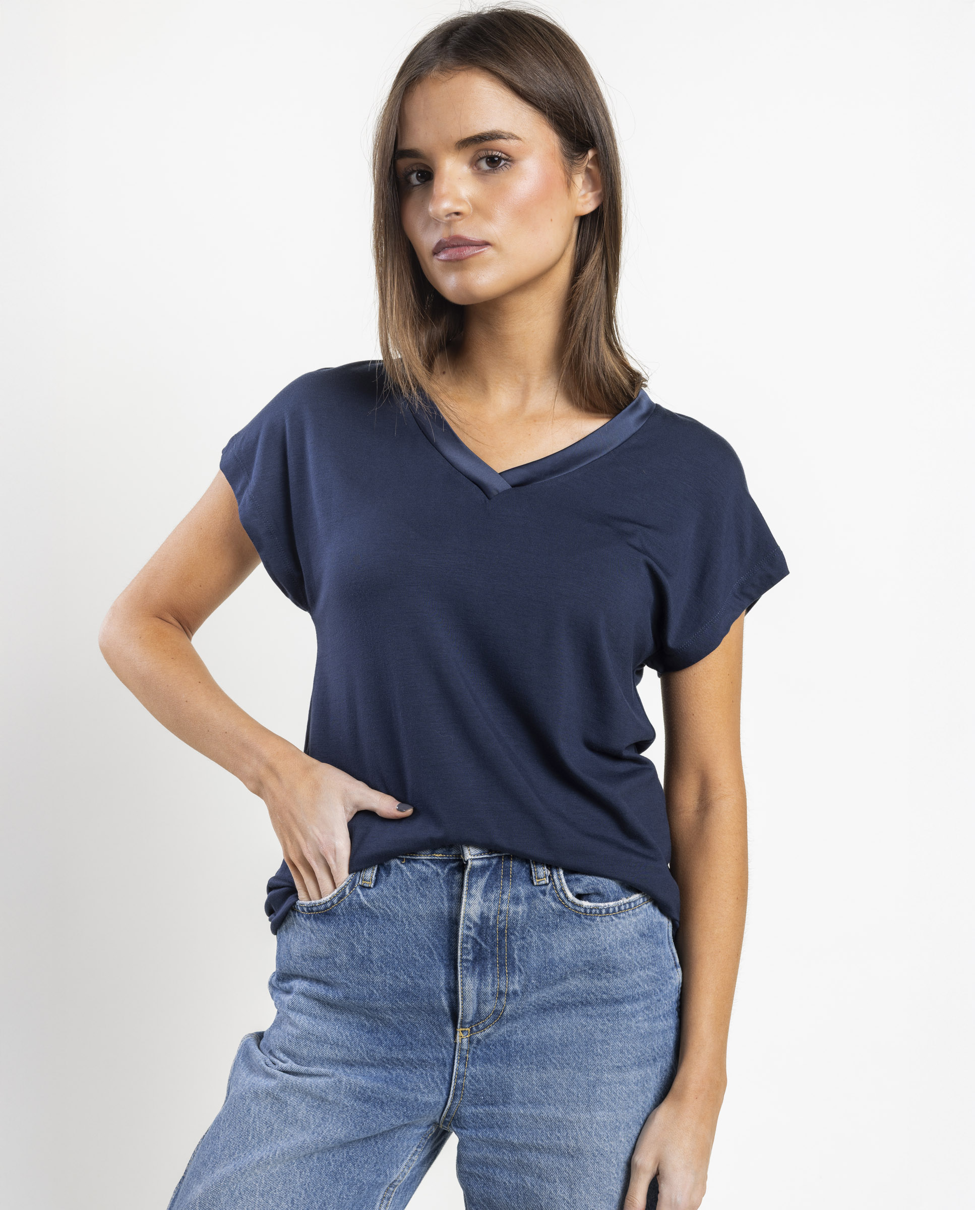 Camiseta interior de mujer de manga corta de tela satén - Admas - Azul marino Azul marino-1