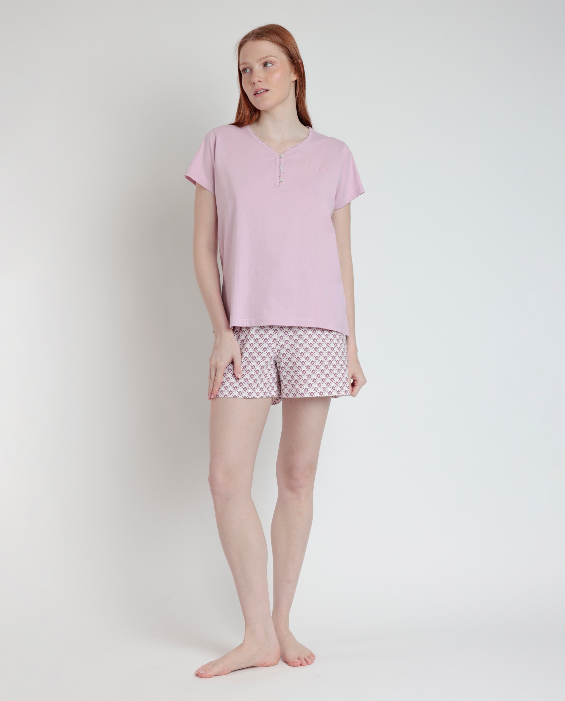 Imagen 0 de Pijama corto de mujer de punto de algodón con pantalón estampado Lila