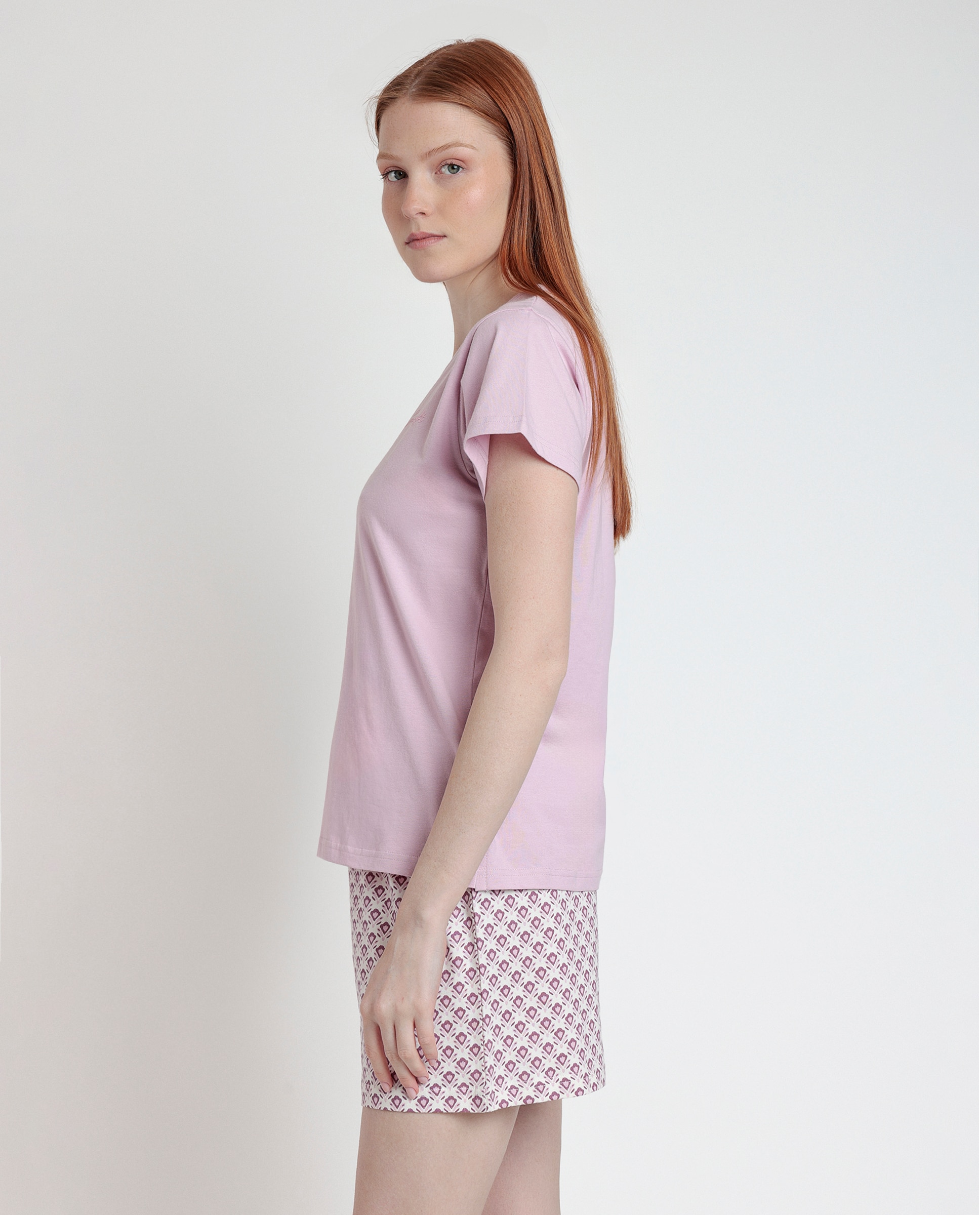Pijama corto de mujer de punto de algodón con pantalón estampado - Admas - Lila Lila-2
