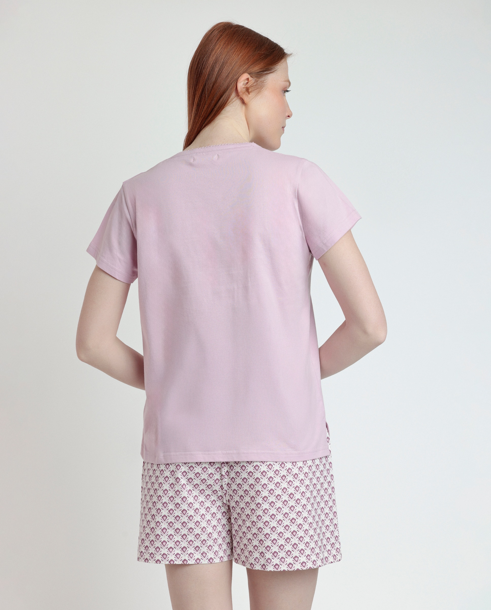 Pijama corto de mujer de punto de algodón con pantalón estampado - Admas - Lila Lila-3