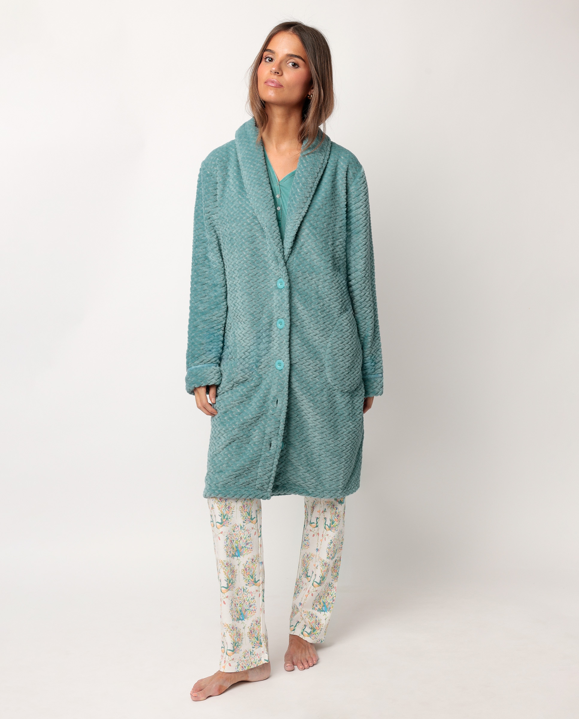 Bata de manga larga de mujer de tejido polar con botones - Admas - Verde Agua Verde Agua-1