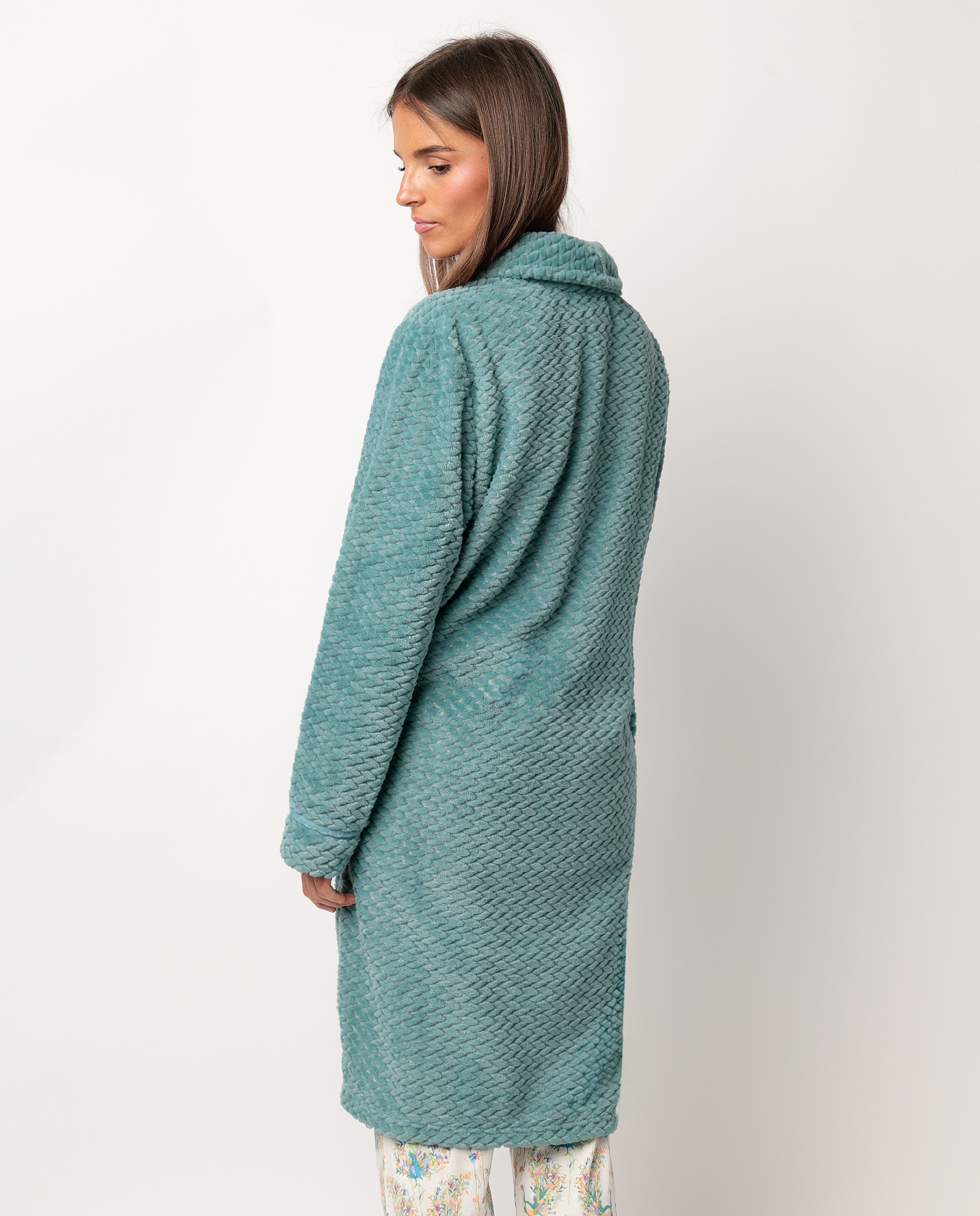 Bata de manga larga de mujer de tejido polar con botones - Admas - Verde Agua Verde Agua-3