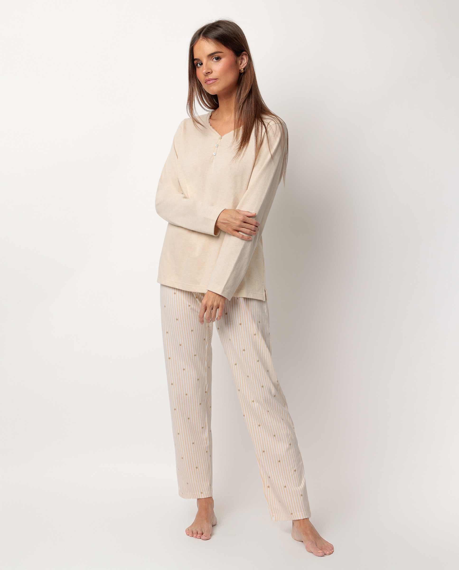 Pijama largo de mujer de punto viscosa - Admas - Beige Beige-1