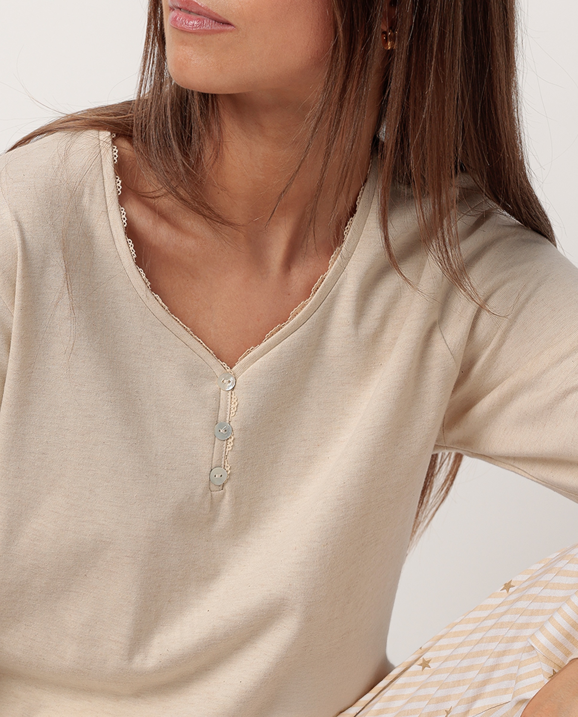 Pijama largo de mujer de punto viscosa - Admas - Beige Beige-4