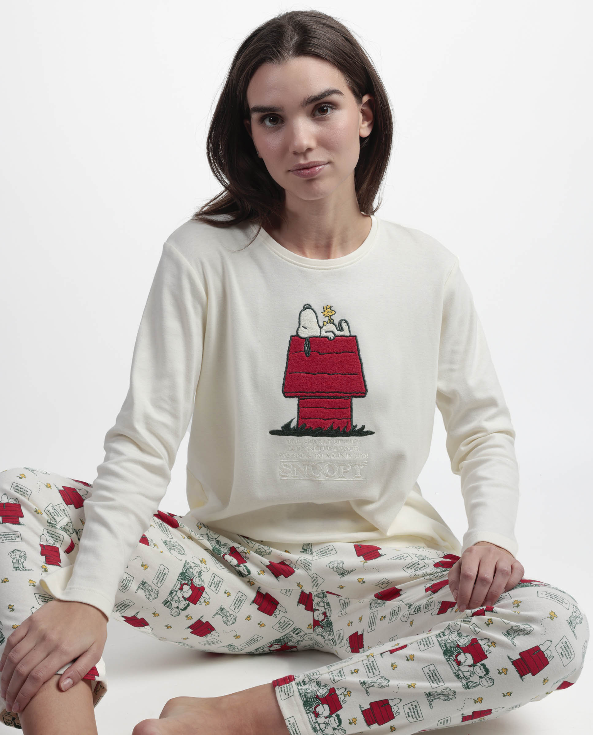Pijama largo de mujer de punto interlock de algodón - Peanuts - Crudo Crudo-4
