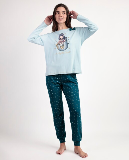 Imagen 0 de Pijama largo de mujer de punto de algodón de color azul