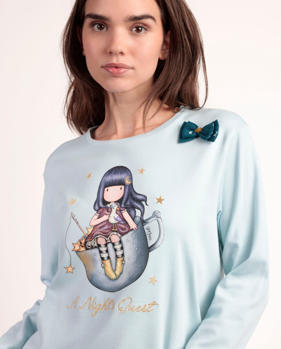 Pijama largo de mujer de punto de algodón de color azul · Santoro