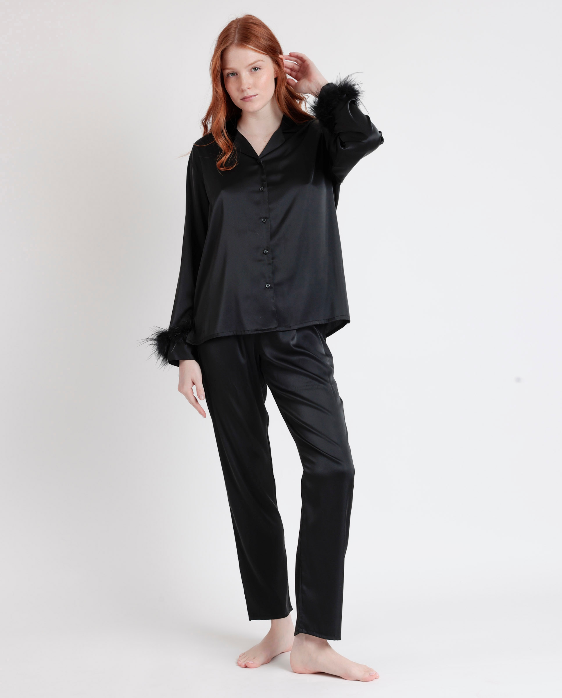 Pijama largo abierto de mujer de tela satén - Admas - Negro Negro-1