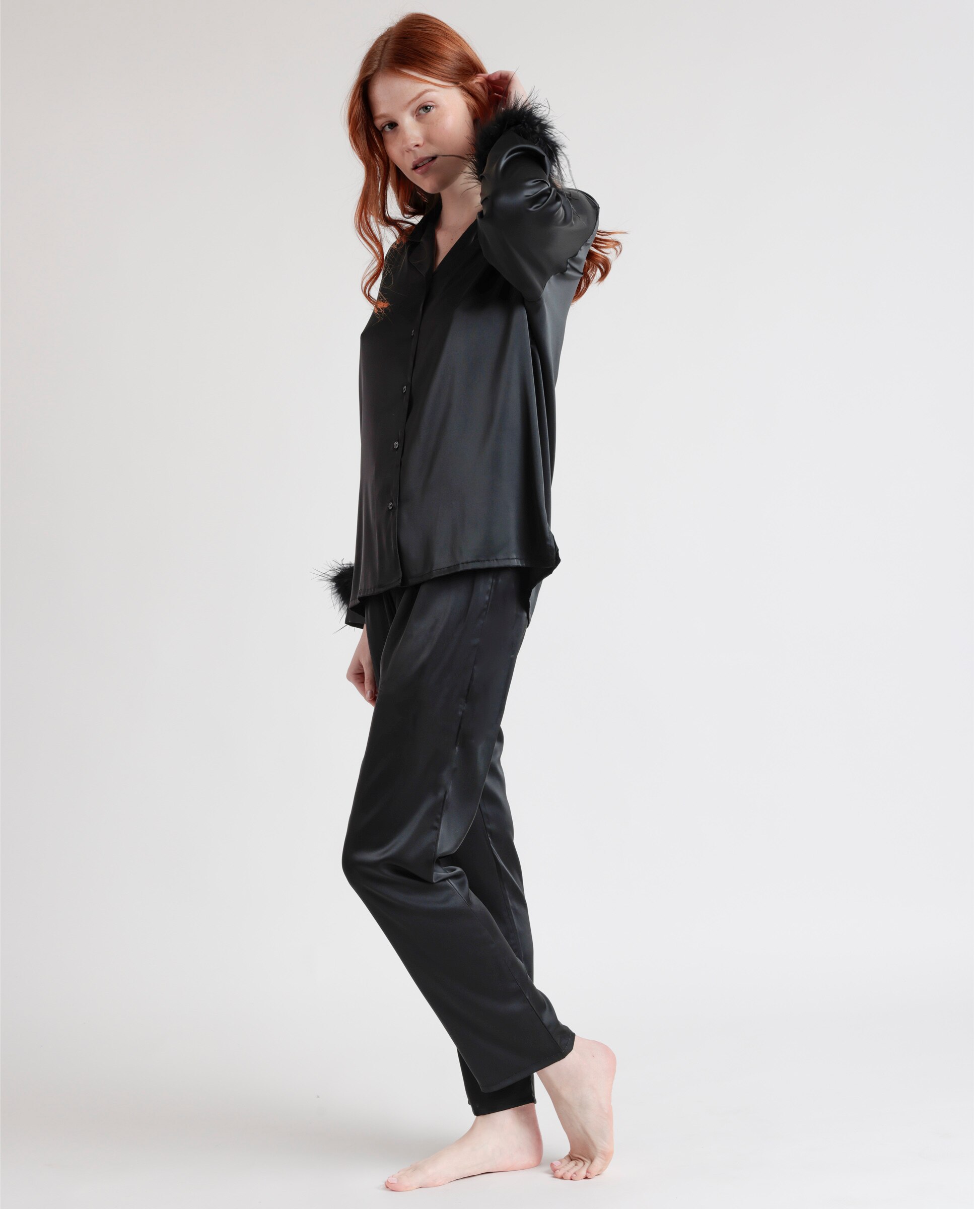 Pijama largo abierto de mujer de tela satén - Admas - Negro Negro-2