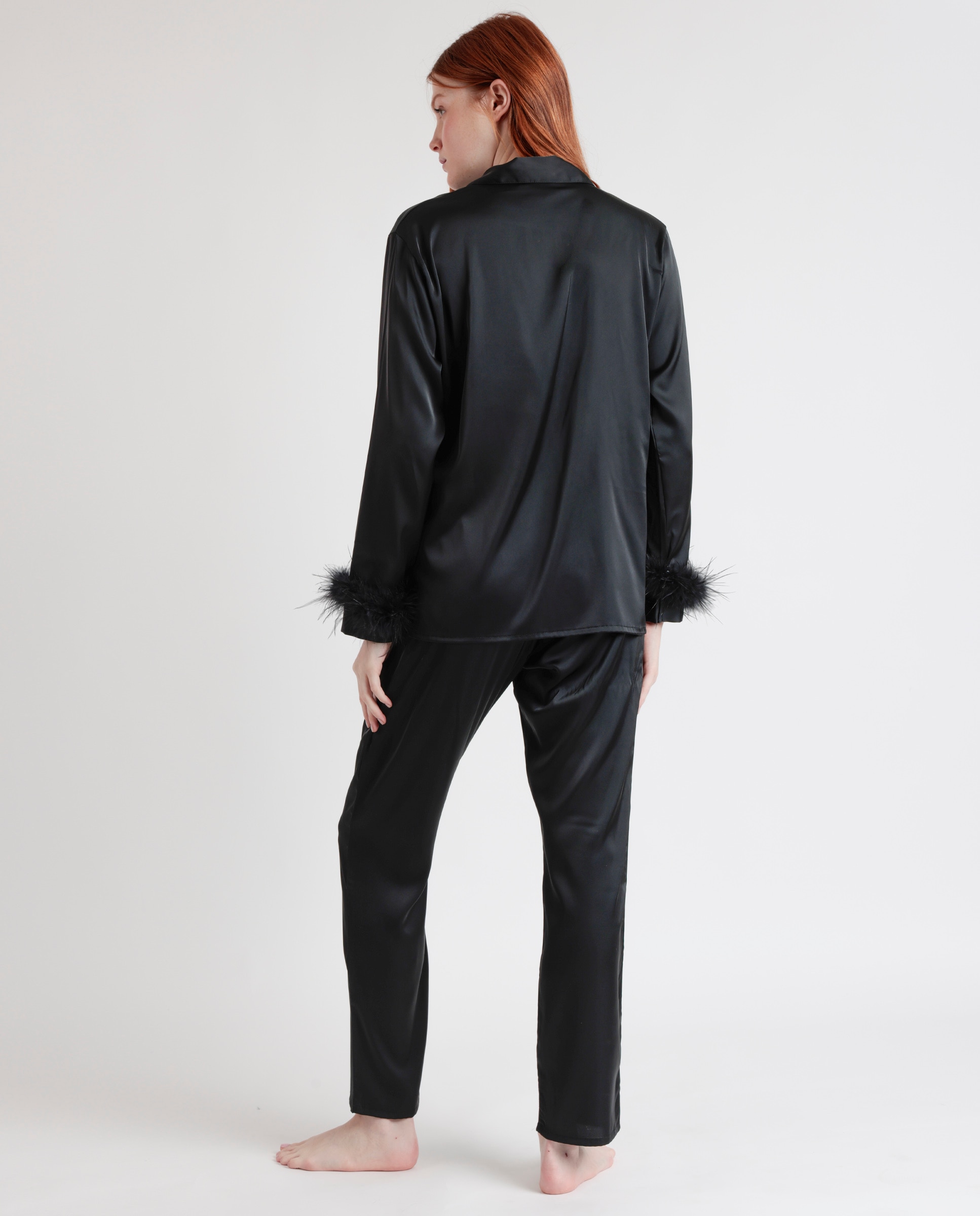 Pijama largo abierto de mujer de tela satén - Admas - Negro Negro-3