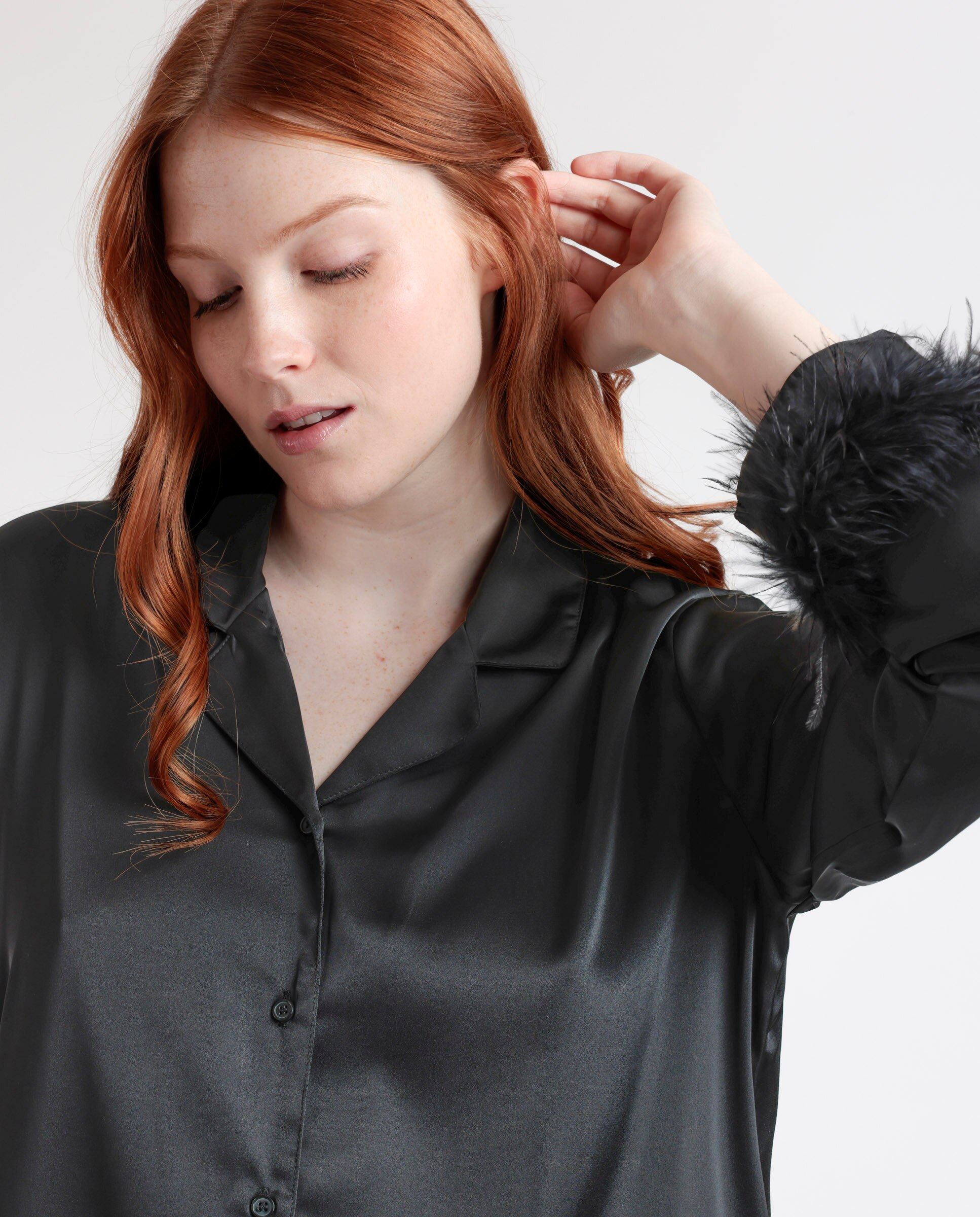 Pijama largo abierto de mujer de tela satén - Admas - Negro Negro-4