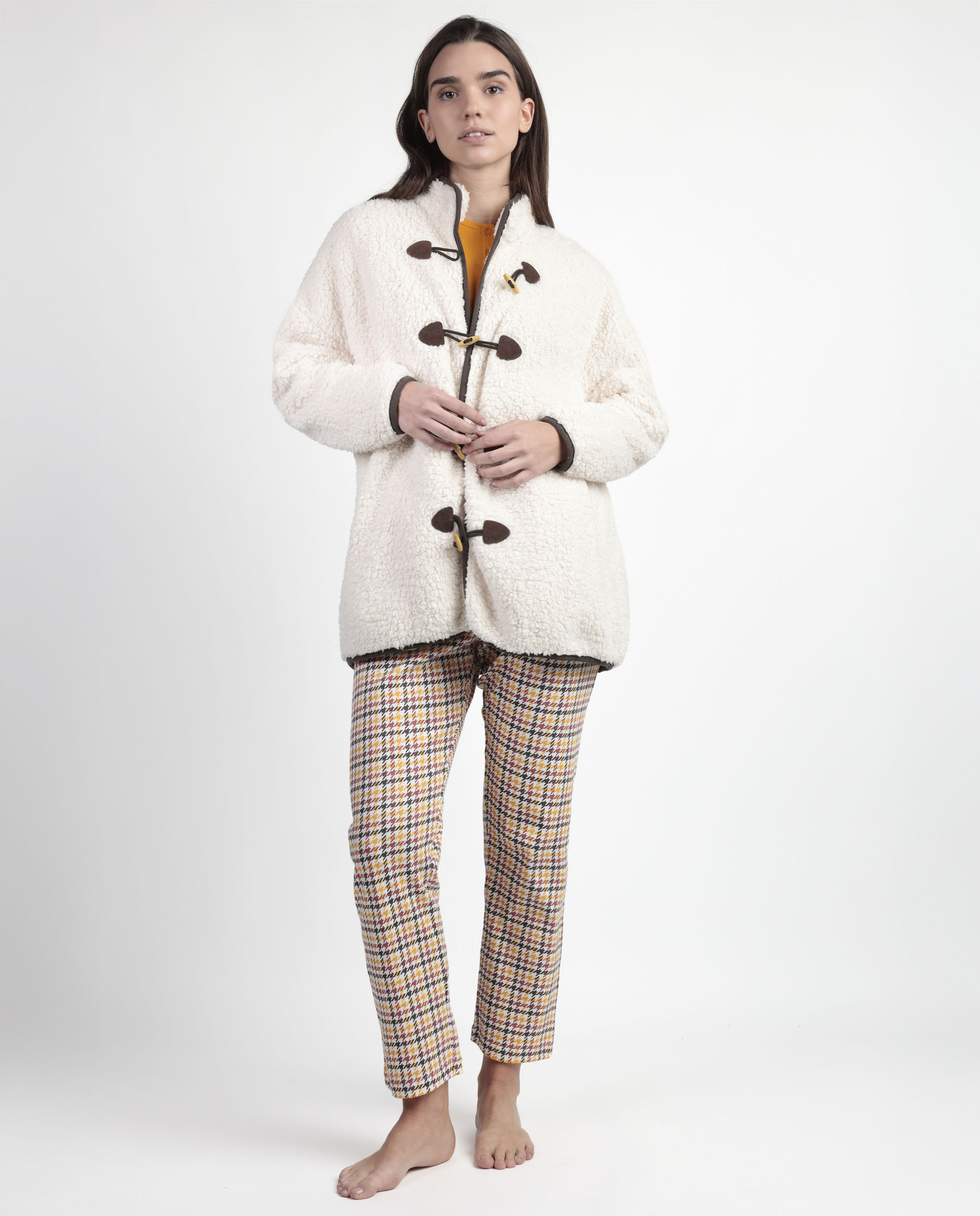 Bata de manga larga de mujer de tejido polar con botones - Admas - Beige Beige-1
