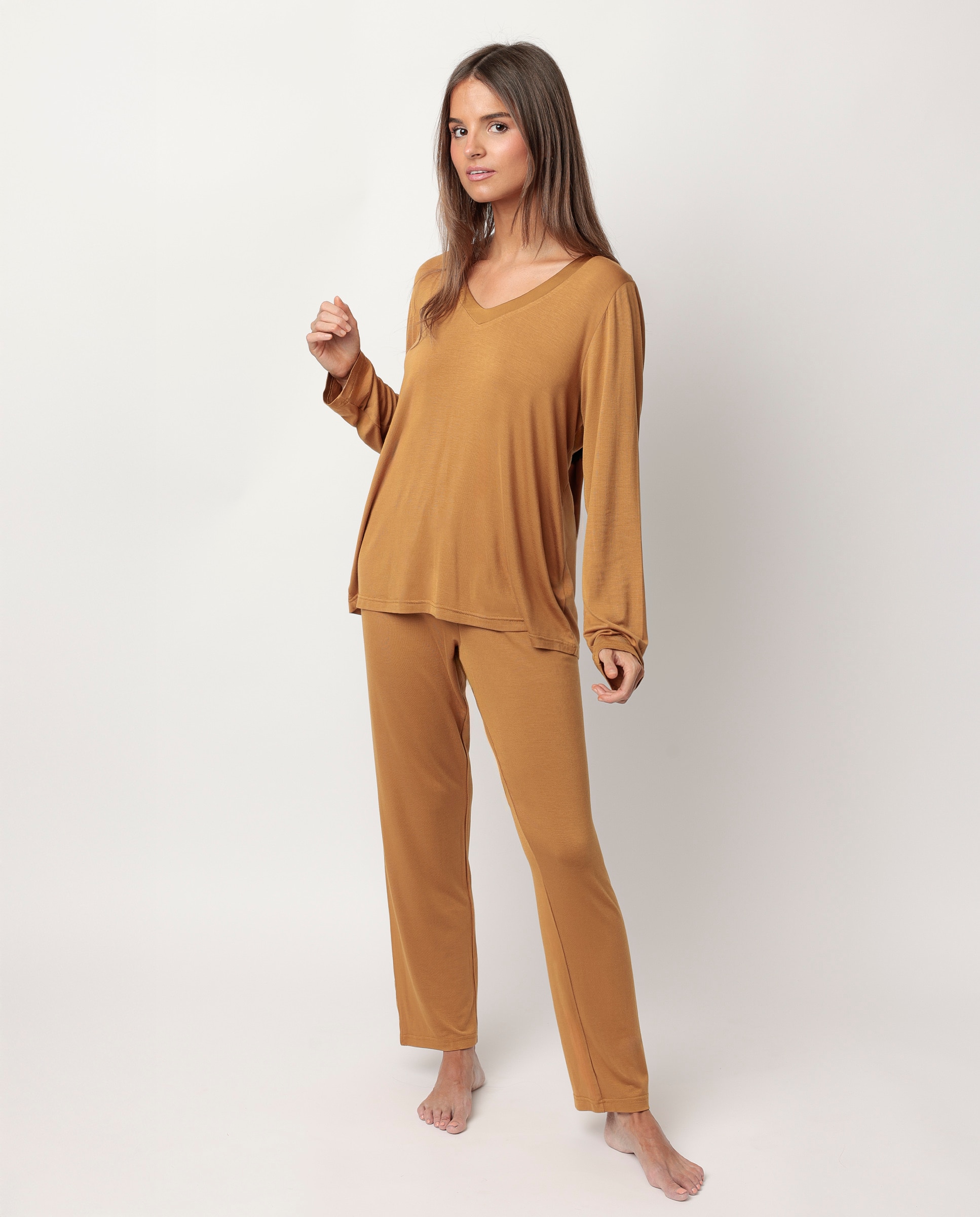 Pijama largo de mujer de tela satén - Admas - Marrón Marrón-1