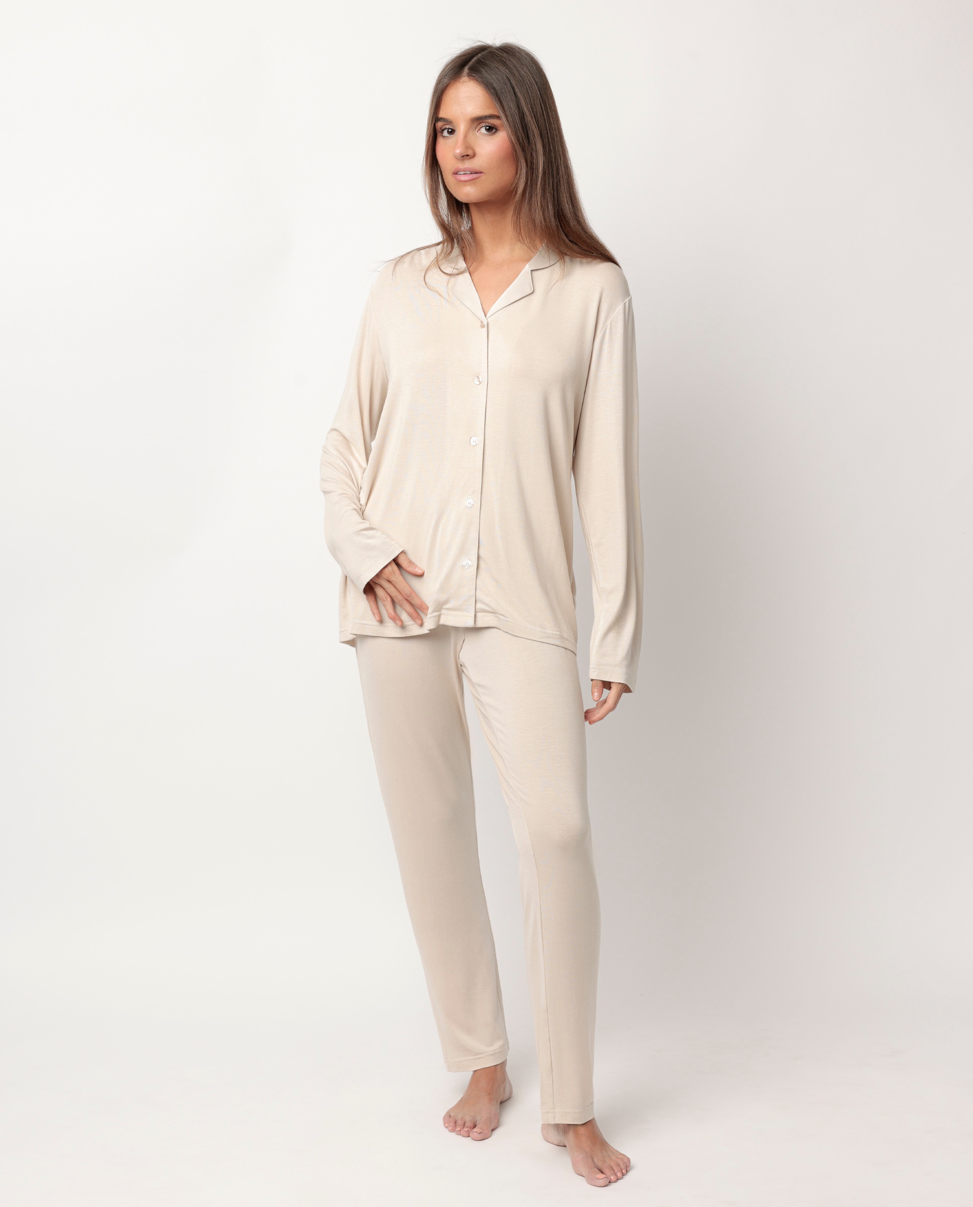 Pijama largo abierto de mujer de tela satén - Admas - Crema Crema-1