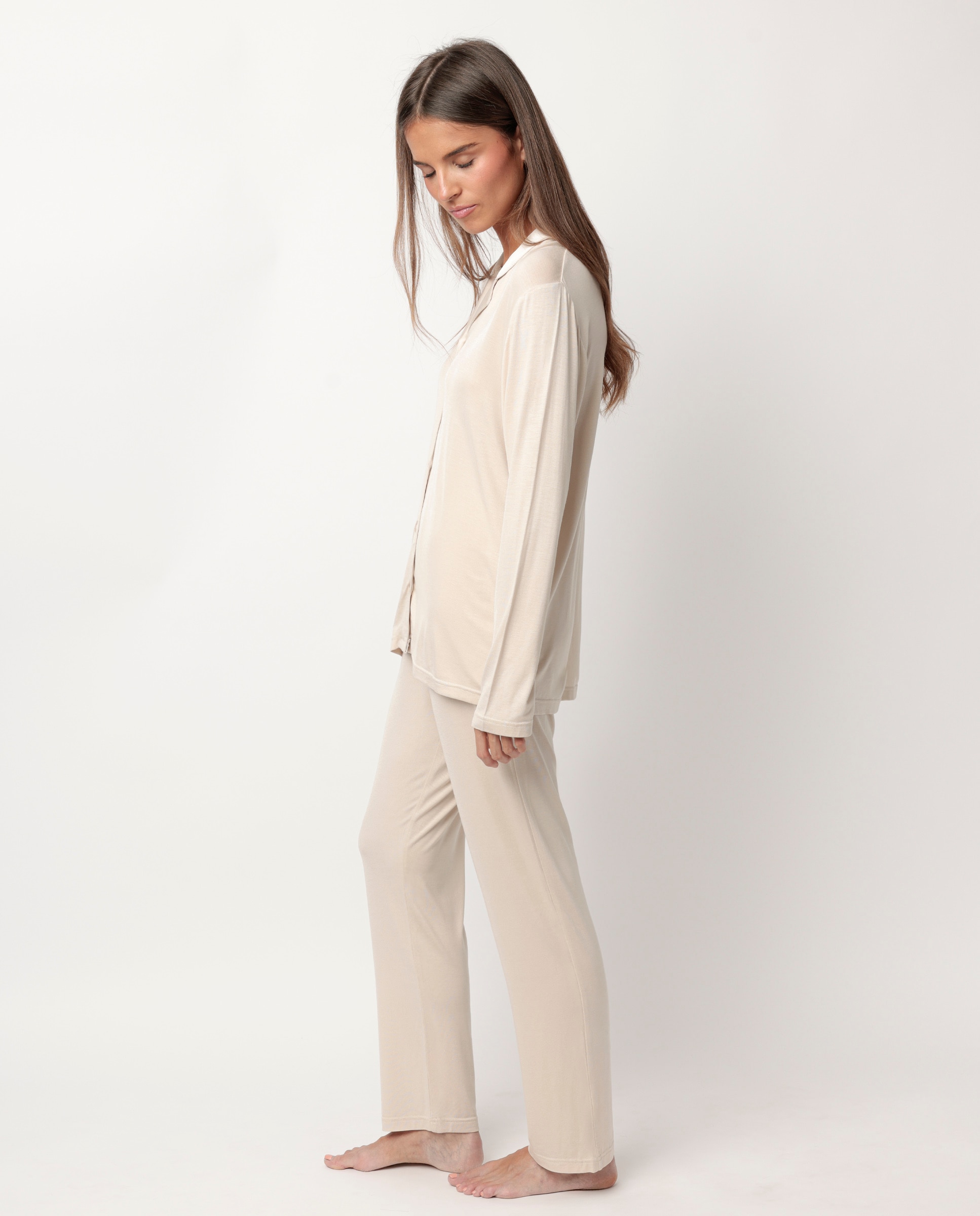 Pijama largo abierto de mujer de tela satén - Admas - Crema Crema-2