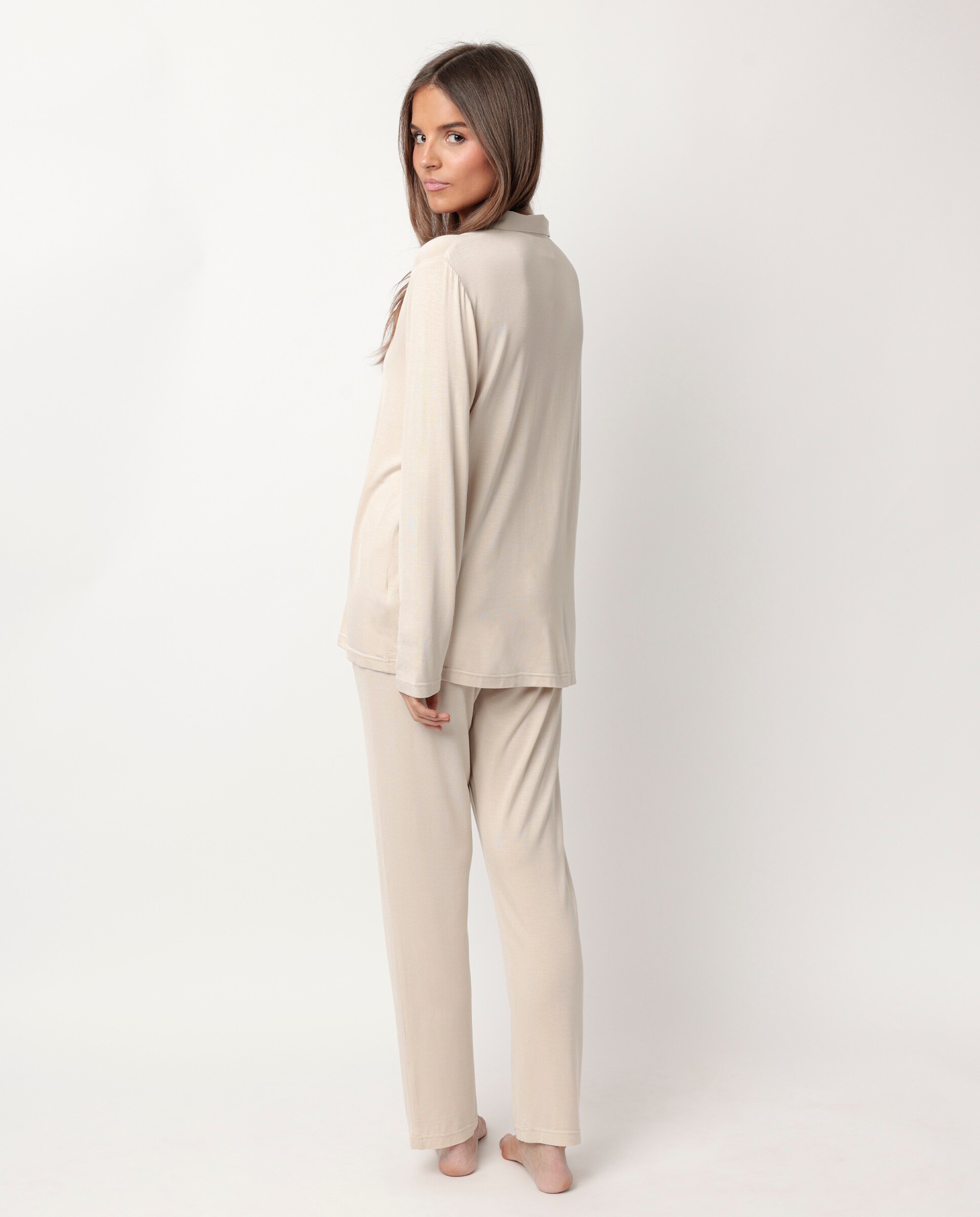Pijama largo abierto de mujer de tela satén - Admas - Crema Crema-3