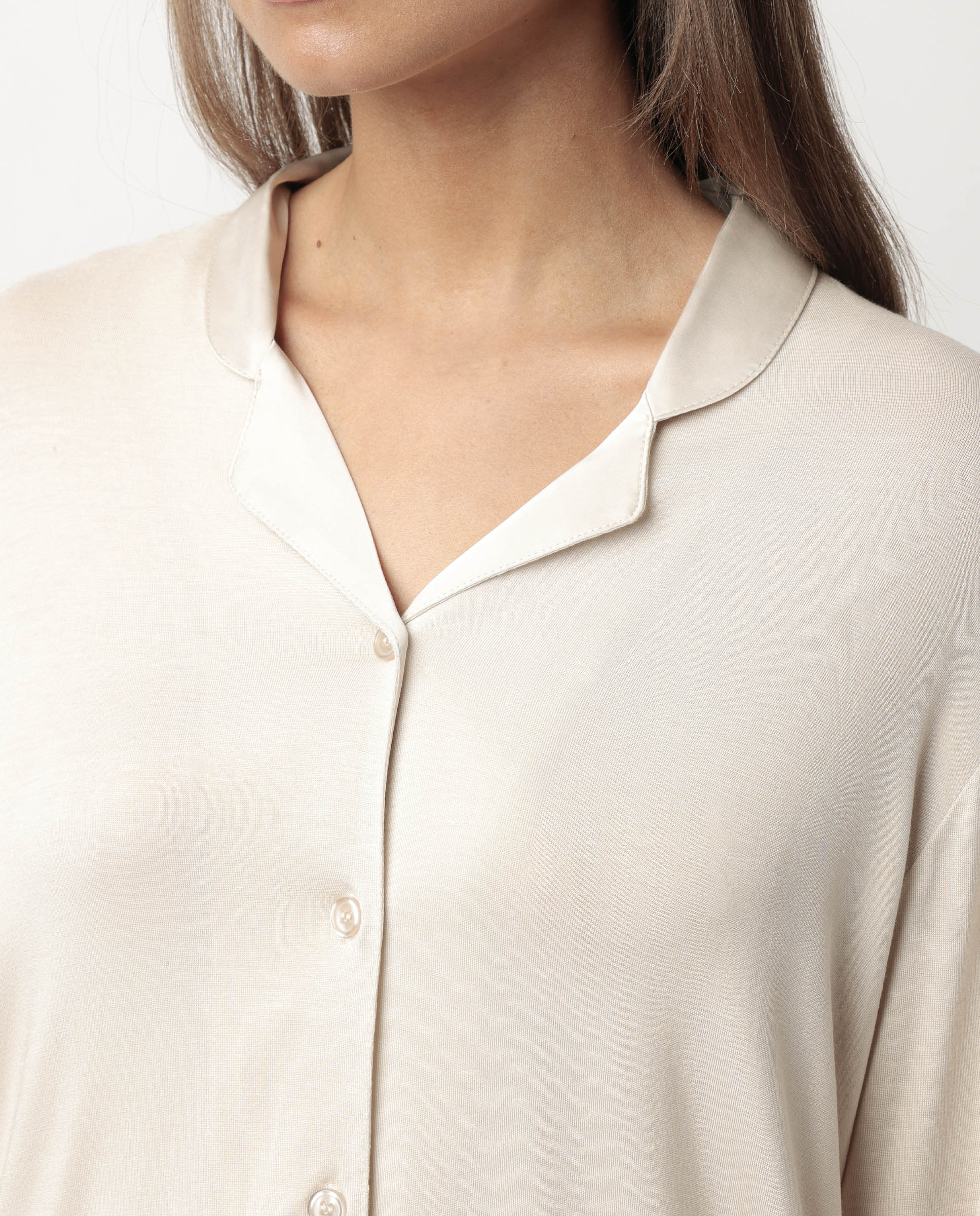 Pijama largo abierto de mujer de tela satén - Admas - Crema Crema-4