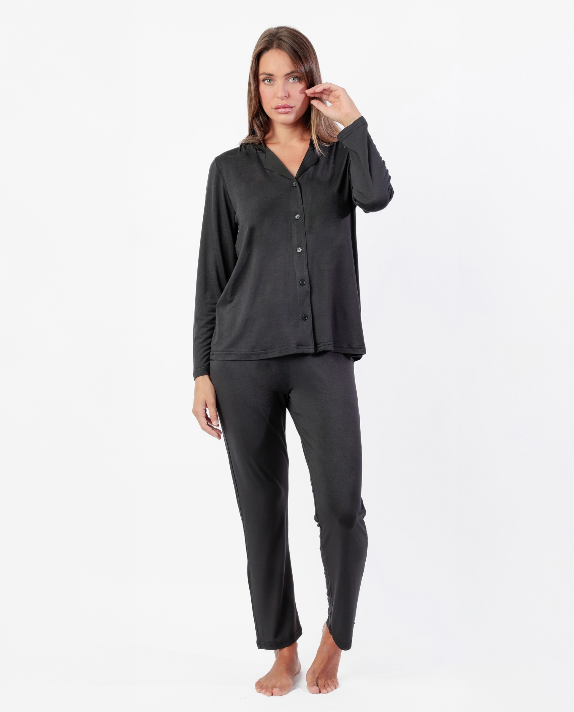 Pijama largo abierto de mujer de tela satén - Admas - Negro Negro-1