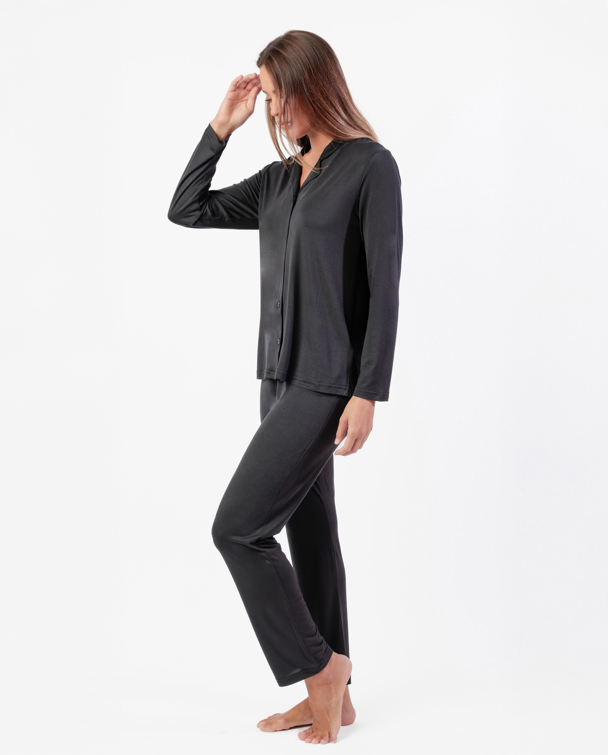 Pijama largo abierto de mujer de tela satén - Admas - Negro Negro-2