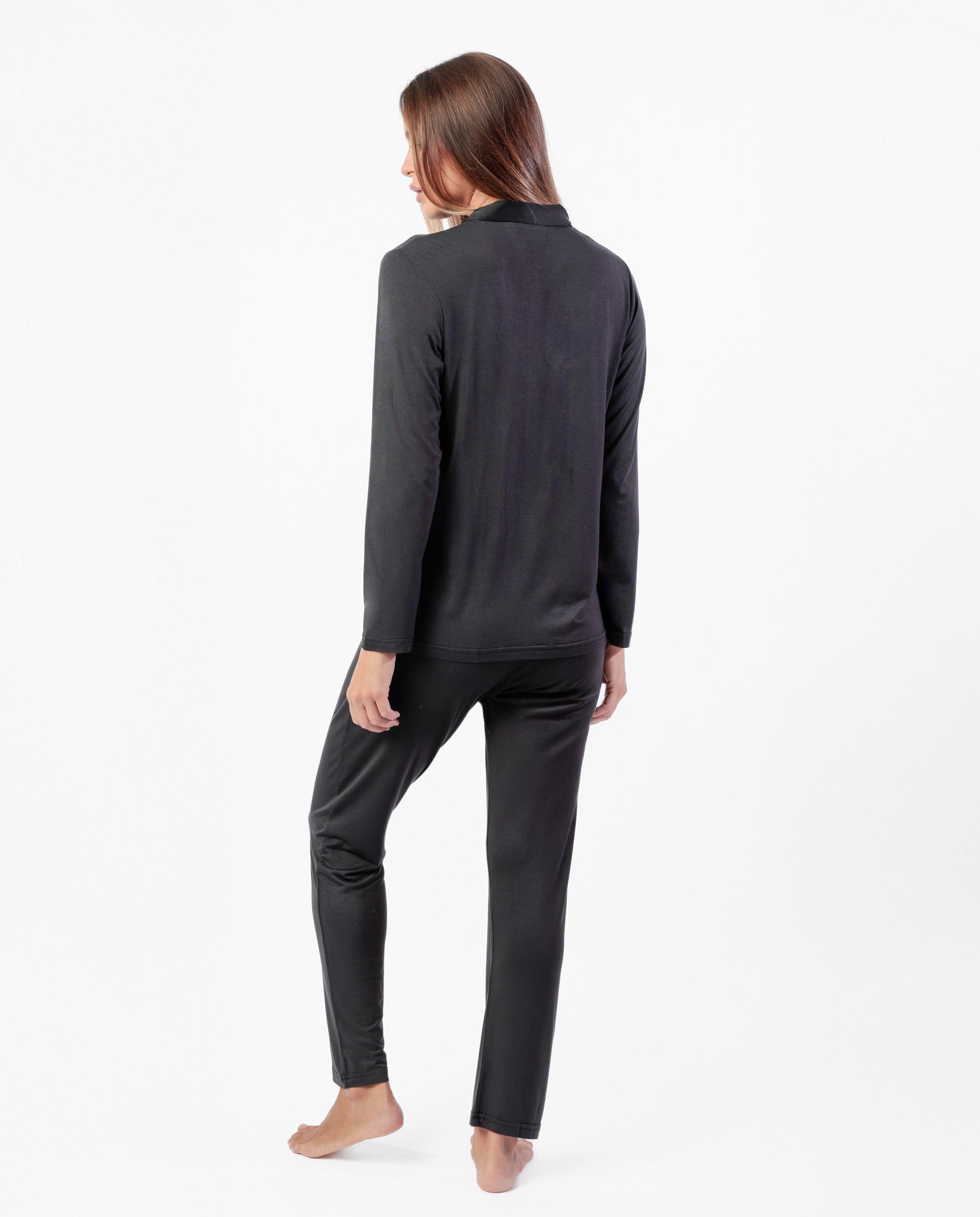 Pijama largo abierto de mujer de tela satén - Admas - Negro Negro-3