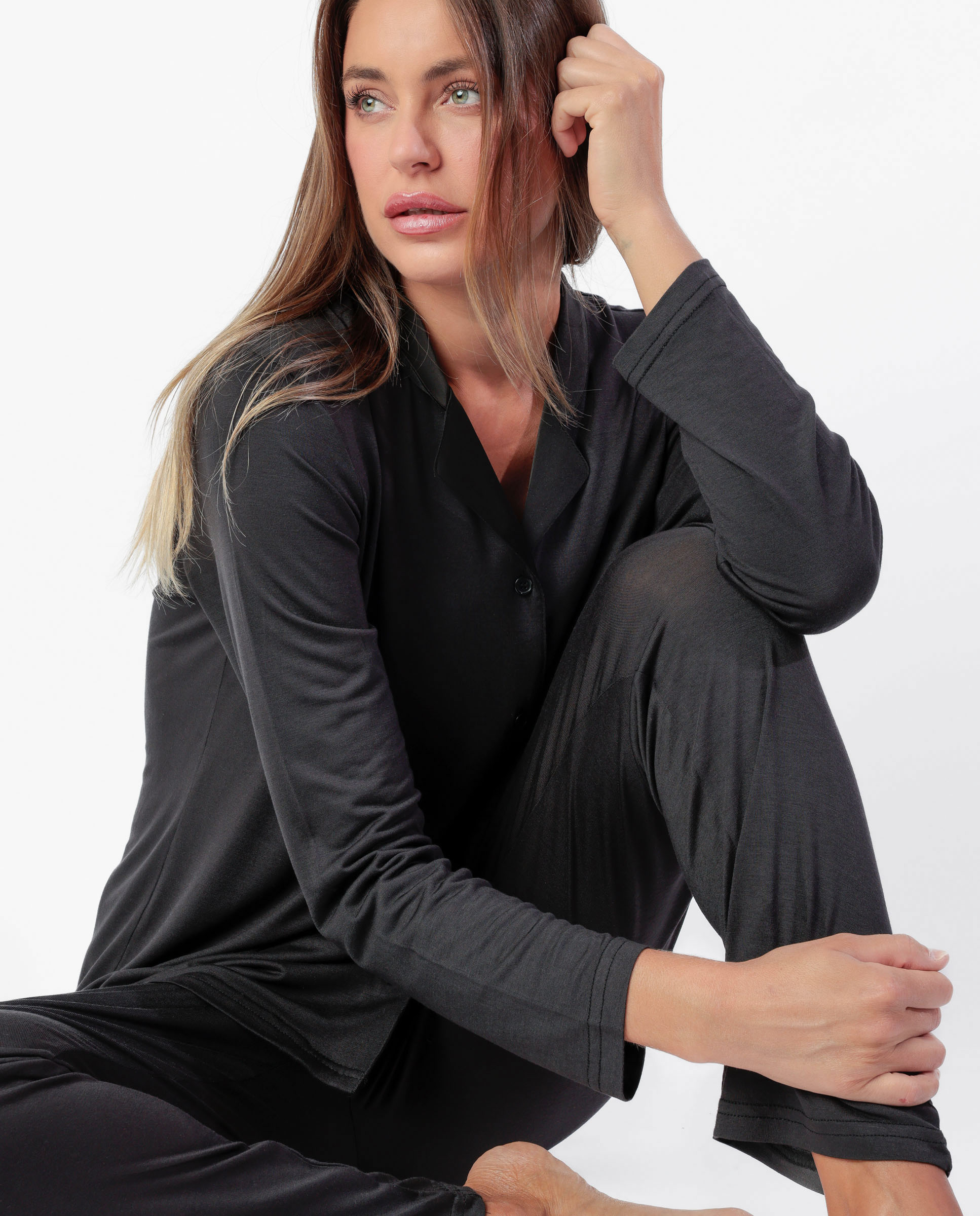 Pijama largo abierto de mujer de tela satén - Admas - Negro Negro-4